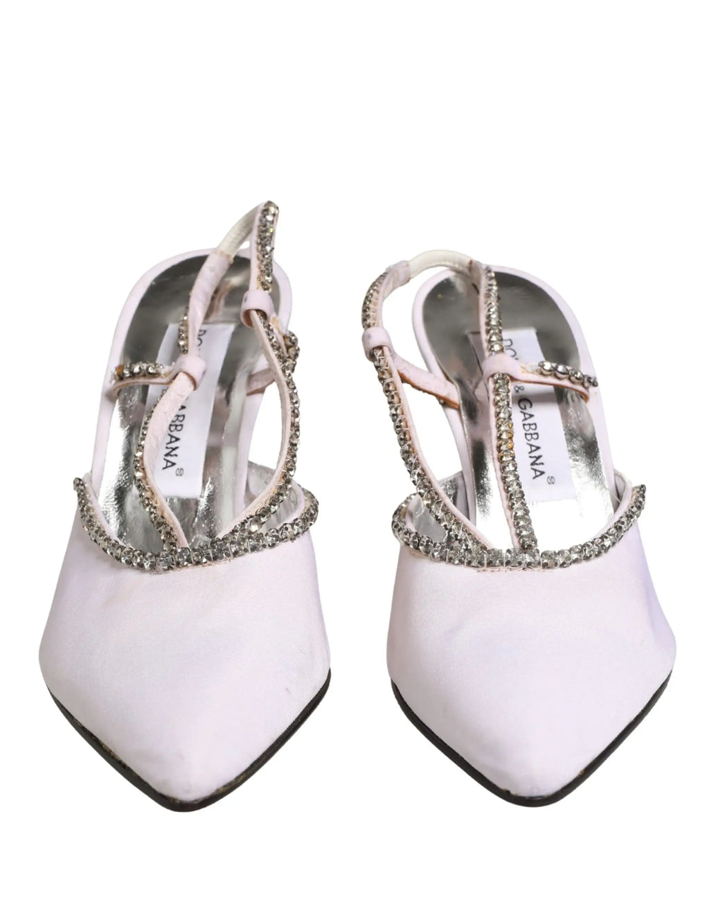 Dolce & gabbana white strass crystal slingbacks pumps shoes en satin blanc à talons hauts avec brides strass argentés et bout pointu