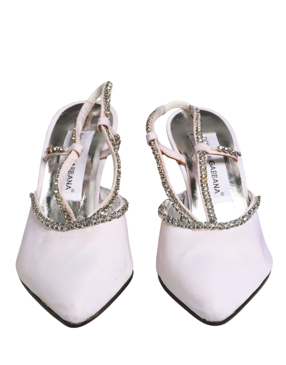 Dolce & gabbana white strass crystal slingbacks pumps shoes en satin blanc à talons hauts avec brides strass argentés et bout pointu