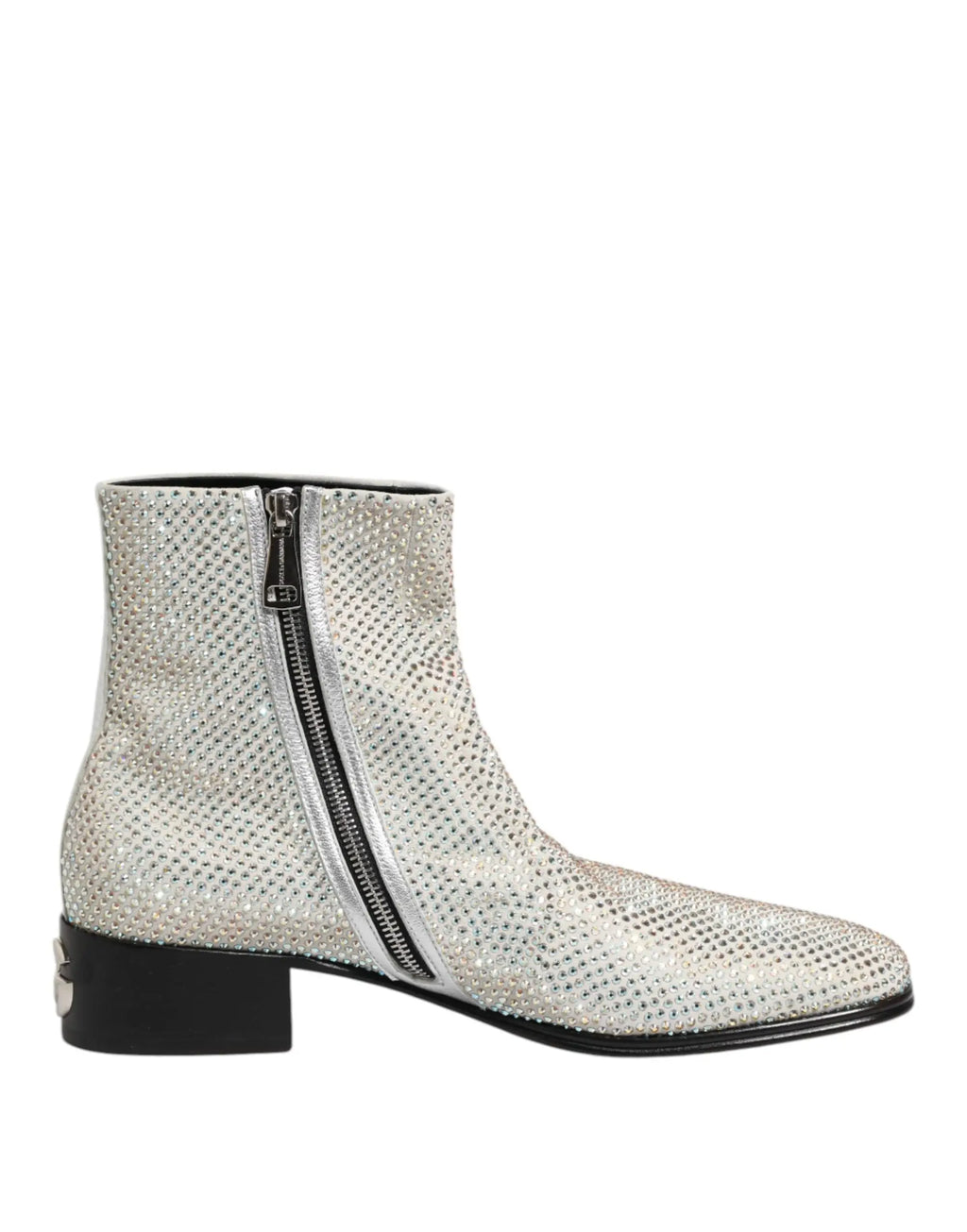 Bottines dolce & gabbana blanches strass avec talon bloc noir et fermeture éclair en paillettes argentées