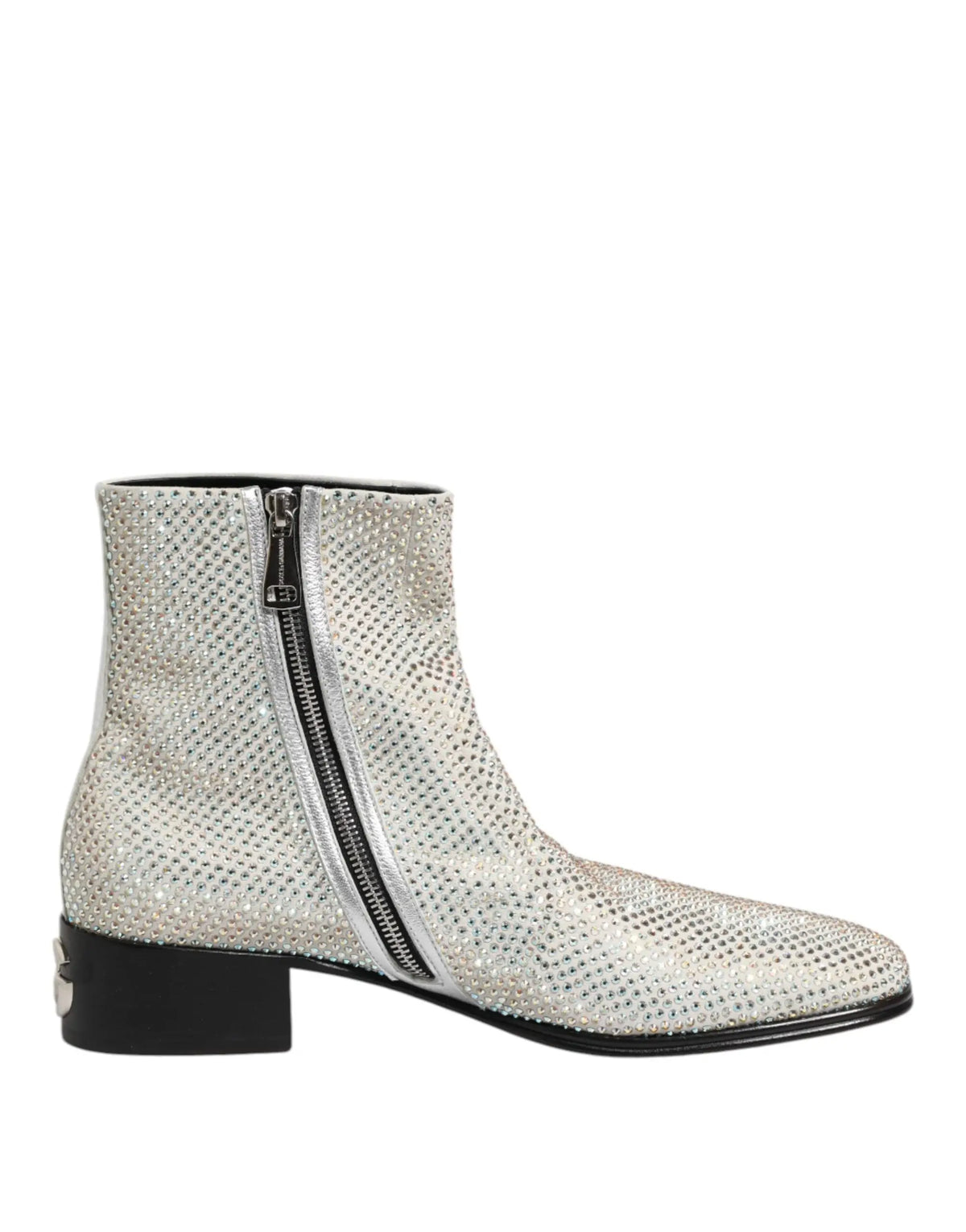 Bottines dolce & gabbana blanches strass avec talon bloc noir et fermeture éclair en paillettes argentées