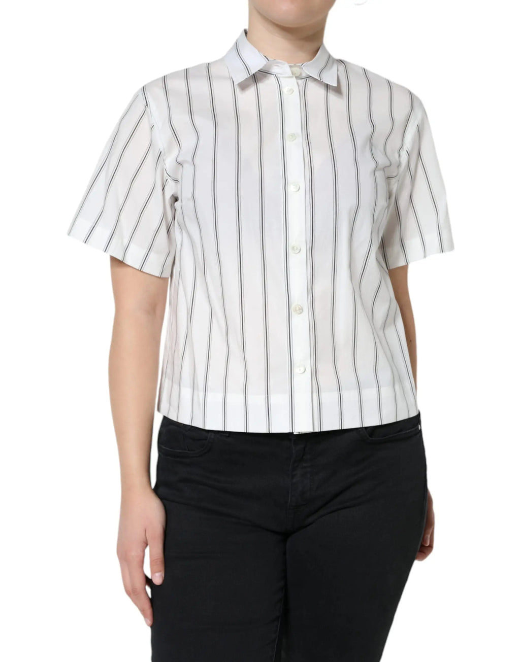 Dolce & gabbana polo court blanc à col avec fines rayures verticales noires et manches courtes en tissu léger