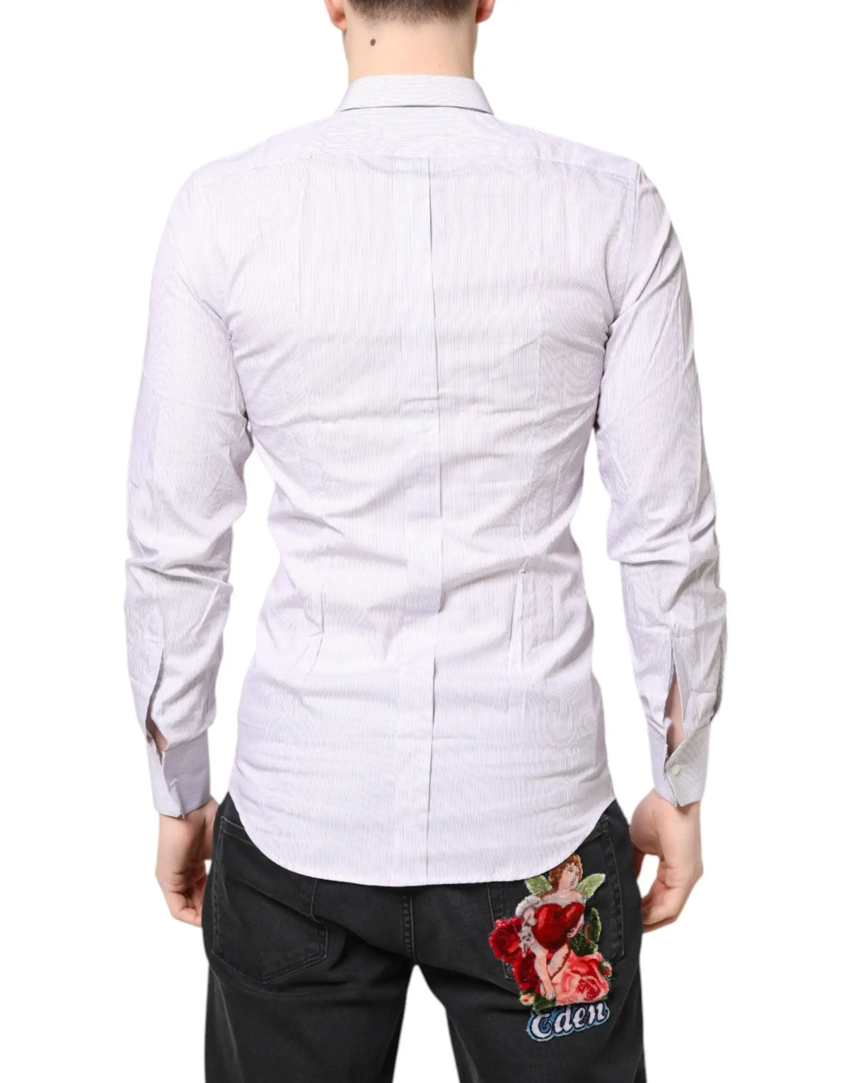 Chemise blanche à manches longues dolce & gabbana en coton avec rayures verticales et broderie rose au dos