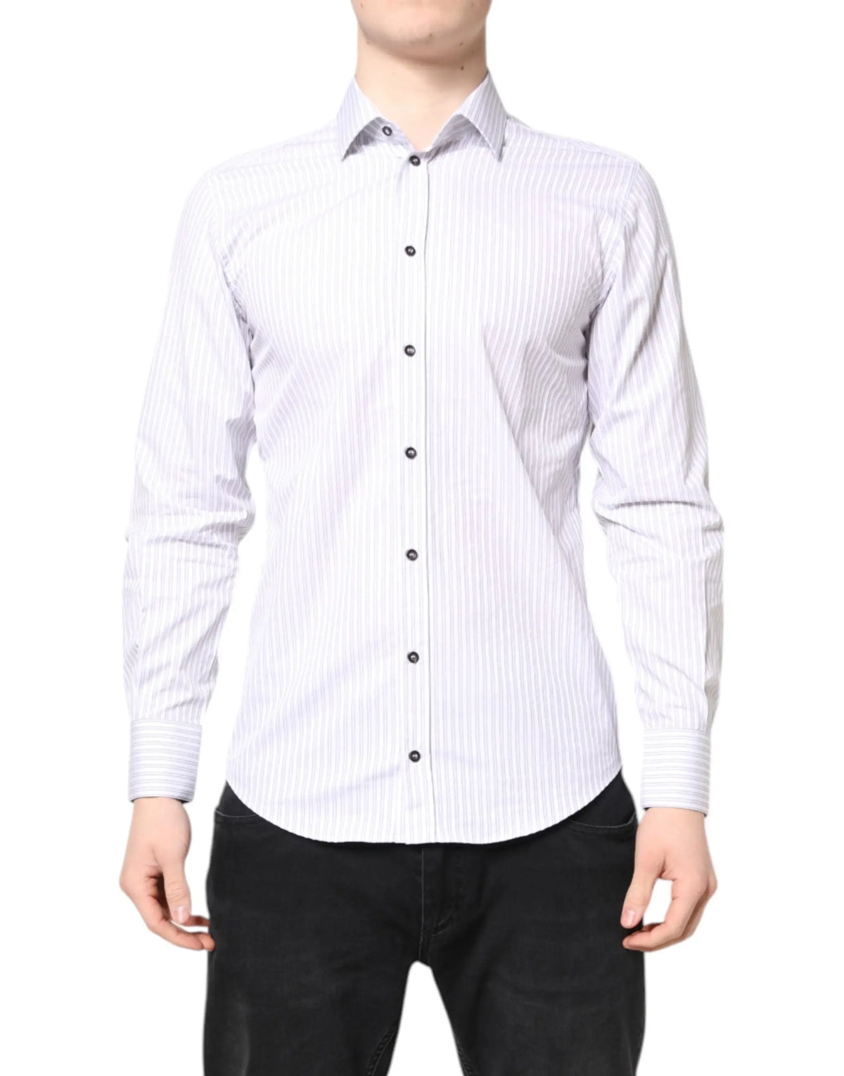 Chemise habillée dolce & gabbana martini en coton blanc à fines rayures grises verticales avec col pointu classique