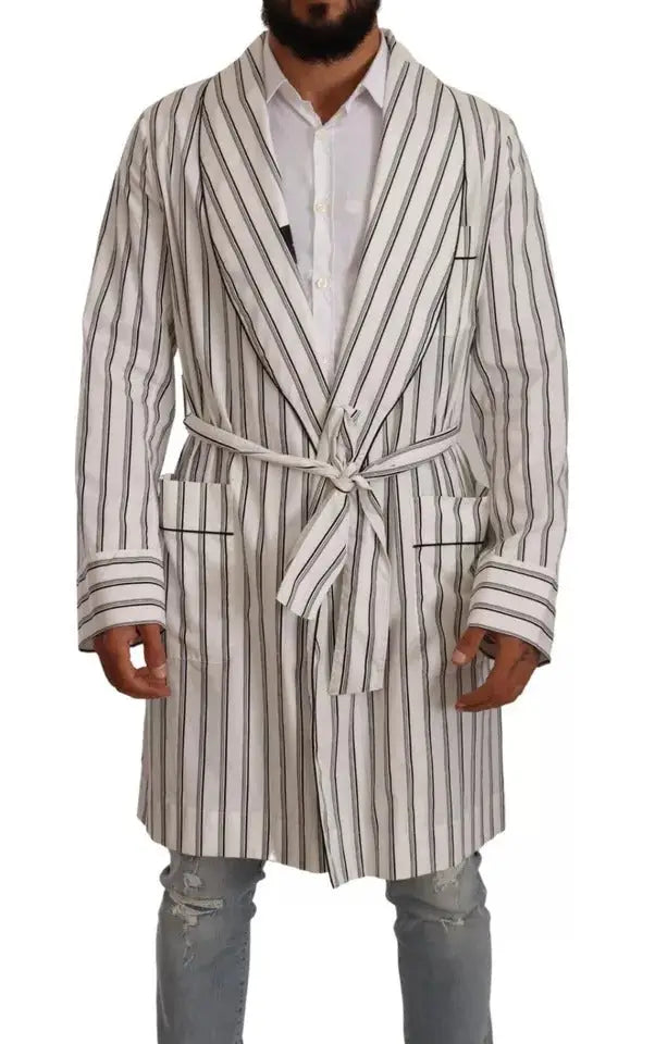 Dolce & Gabbana robe manteau en coton blanc rayé noir pour homme avec ceinture et col classique