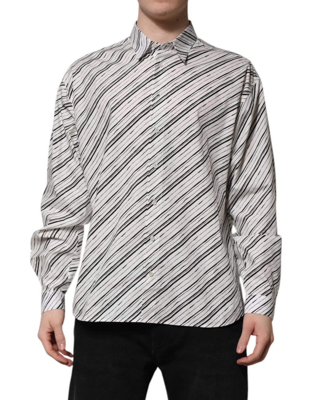 Chemise homme formelle dolce & gabbana blanche à manches longues avec rayures diagonales noires et col rigide