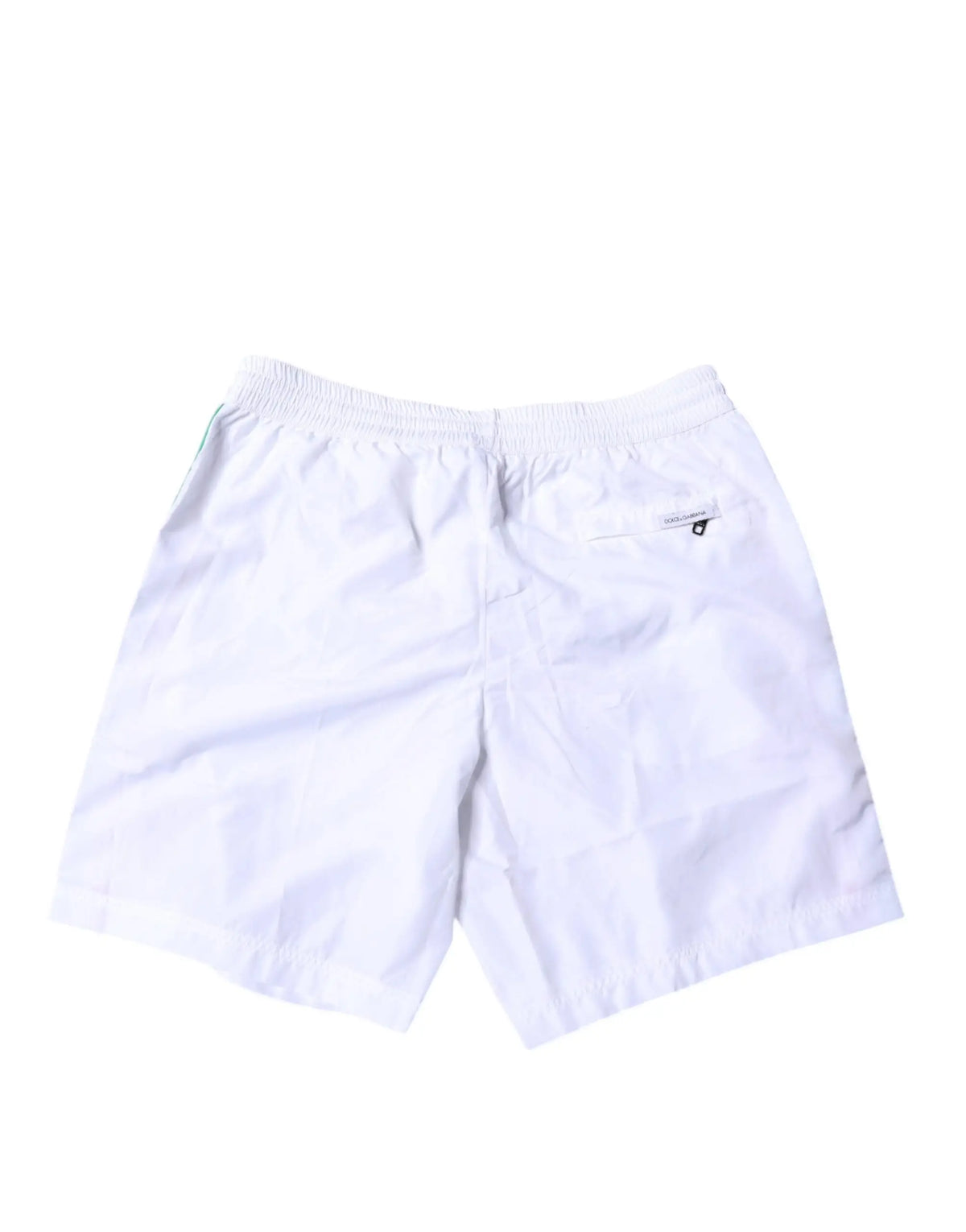 Dos de shorts de bain dolce & gabbana blancs à rayures avec taille élastique et logo sur la poche arrière