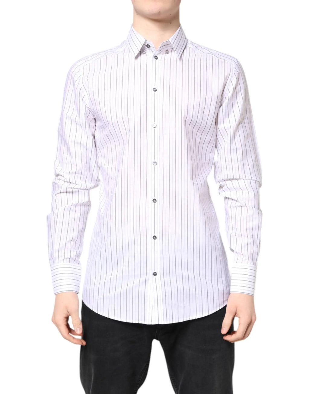Chemise formelle blanche à rayures en coton dolce & gabbana avec fines rayures grises verticales et col boutonné classique