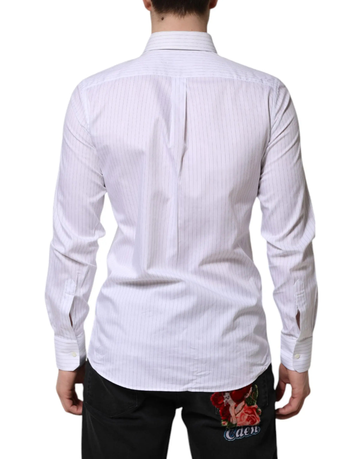 Chemise formelle blanche a rayures dolce & gabbana en coton manches longues vue dos avec broderie rose