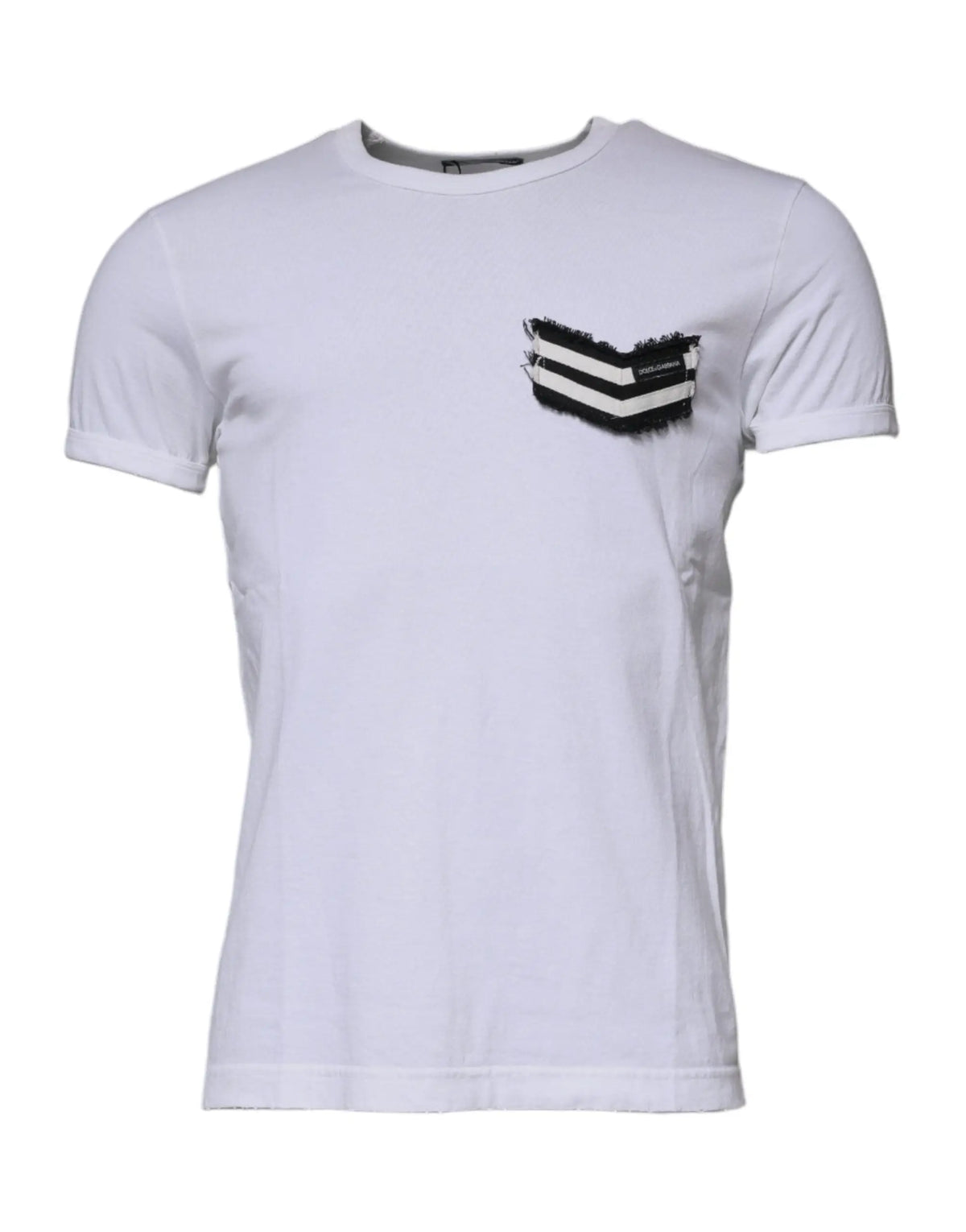 T-shirt blanc dolce & gabbana à manches courtes avec poche rayée noire et blanche usée sur la poitrine
