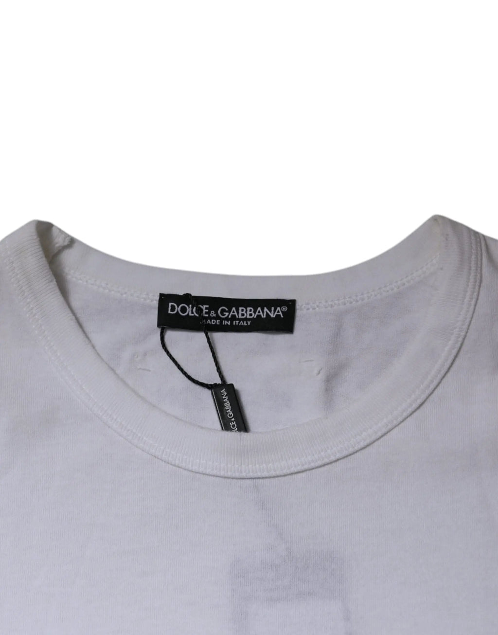 T-shirt dolce & gabbana blanc en coton avec col rond rayé et étiquette noire au niveau du col