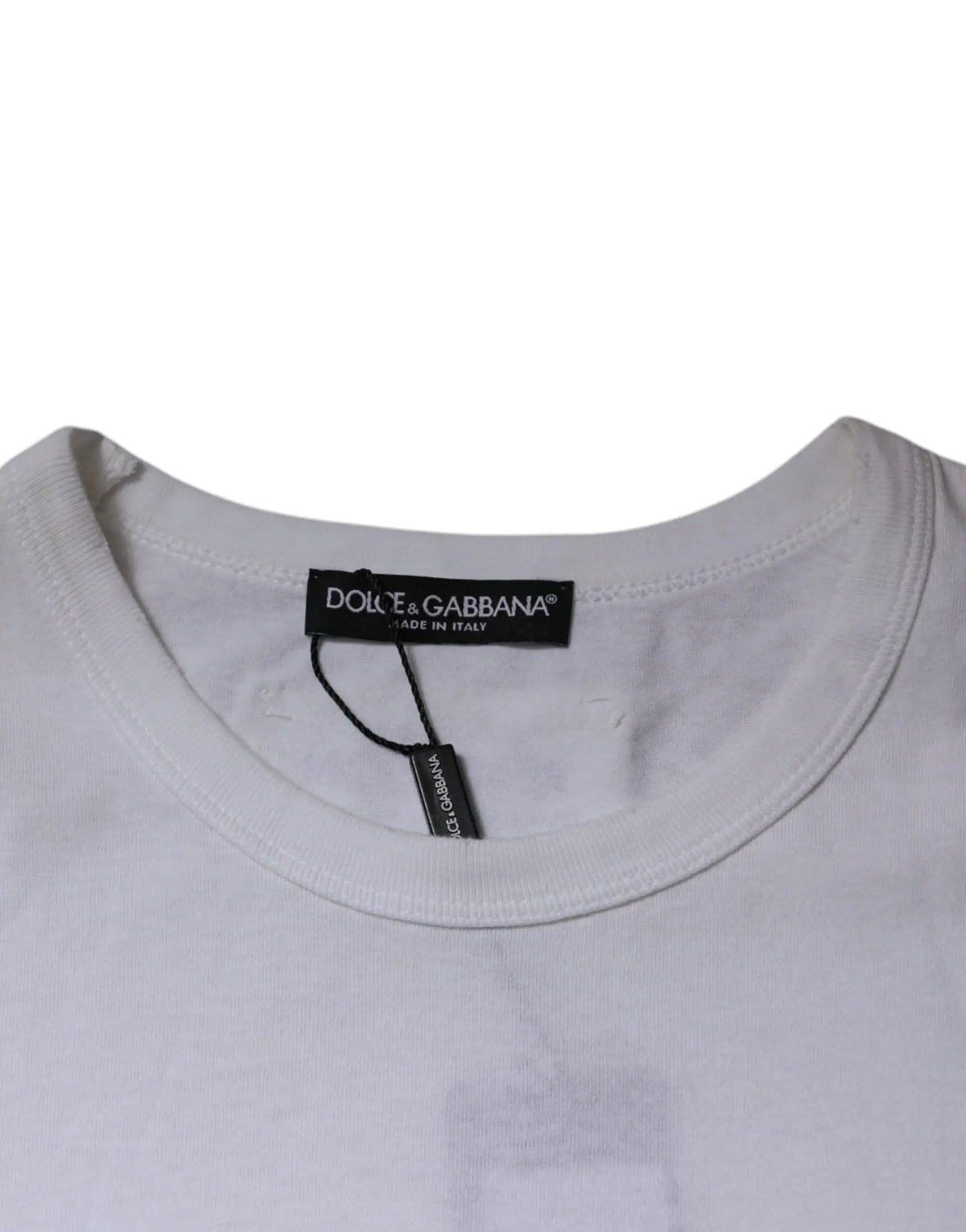 T-shirt dolce & gabbana blanc en coton avec col rond rayé et étiquette noire au niveau du col