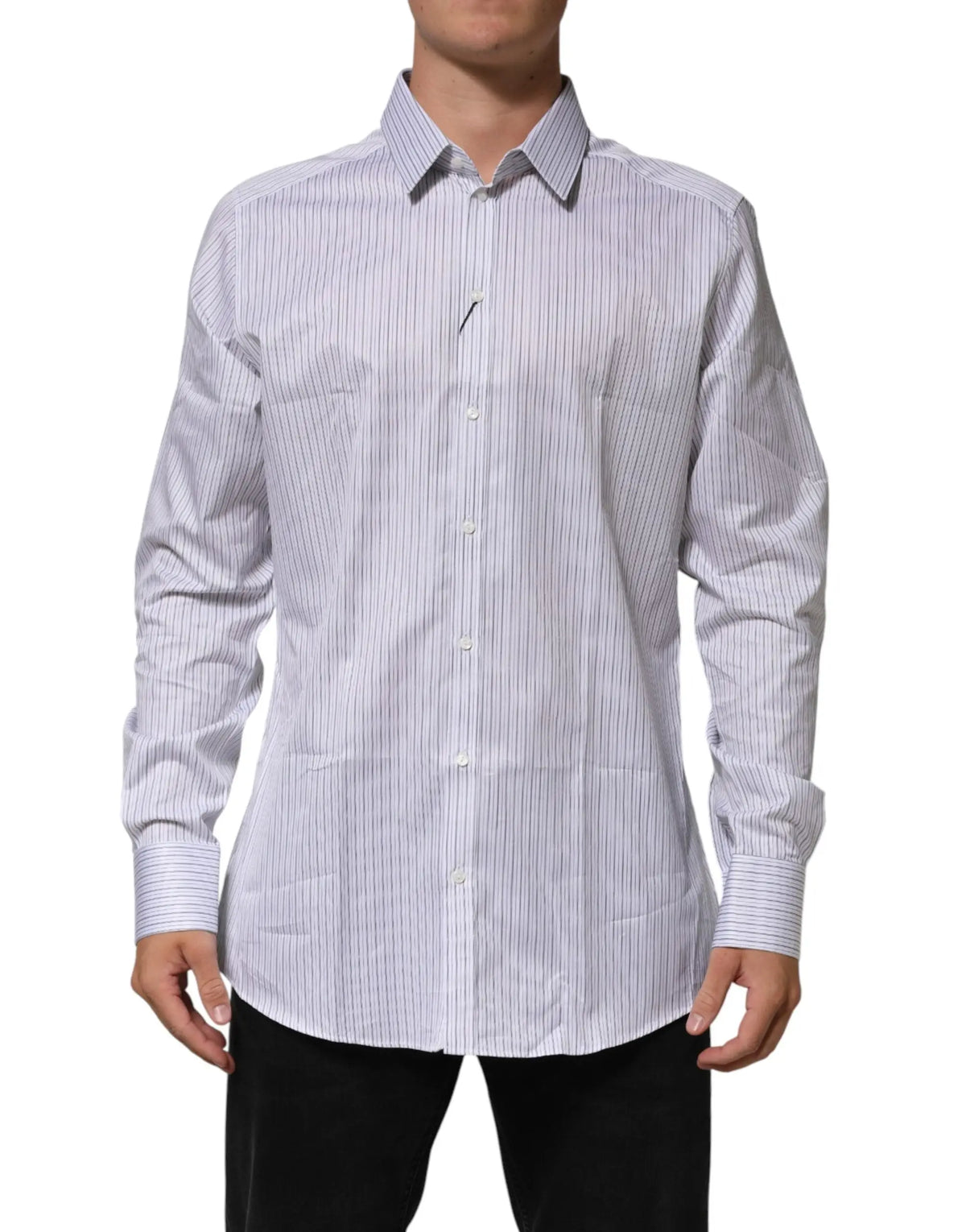 Chemise blanche à rayures dolce & gabbana en coton bleu marine avec col classique et manches longues boutonnées
