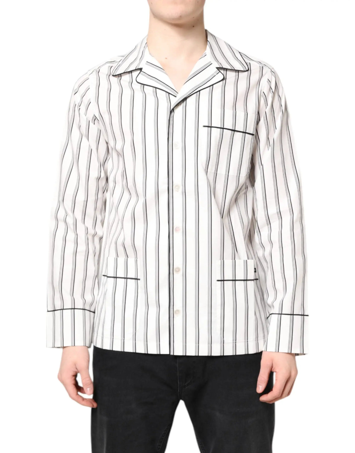 Dolce & gabbana chemise de pyjama lounge blanche à rayures noires avec col classique et poches avant à bordure noire