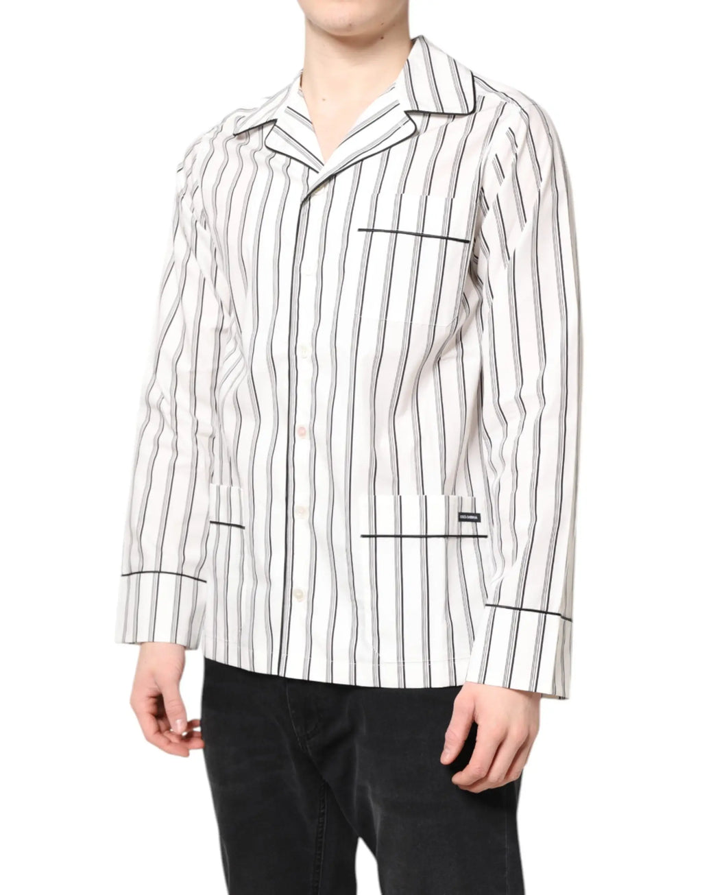 Chemise de pyjama lounge dolce & gabbana blanche à rayures noires avec col classique et poches avant contrastées