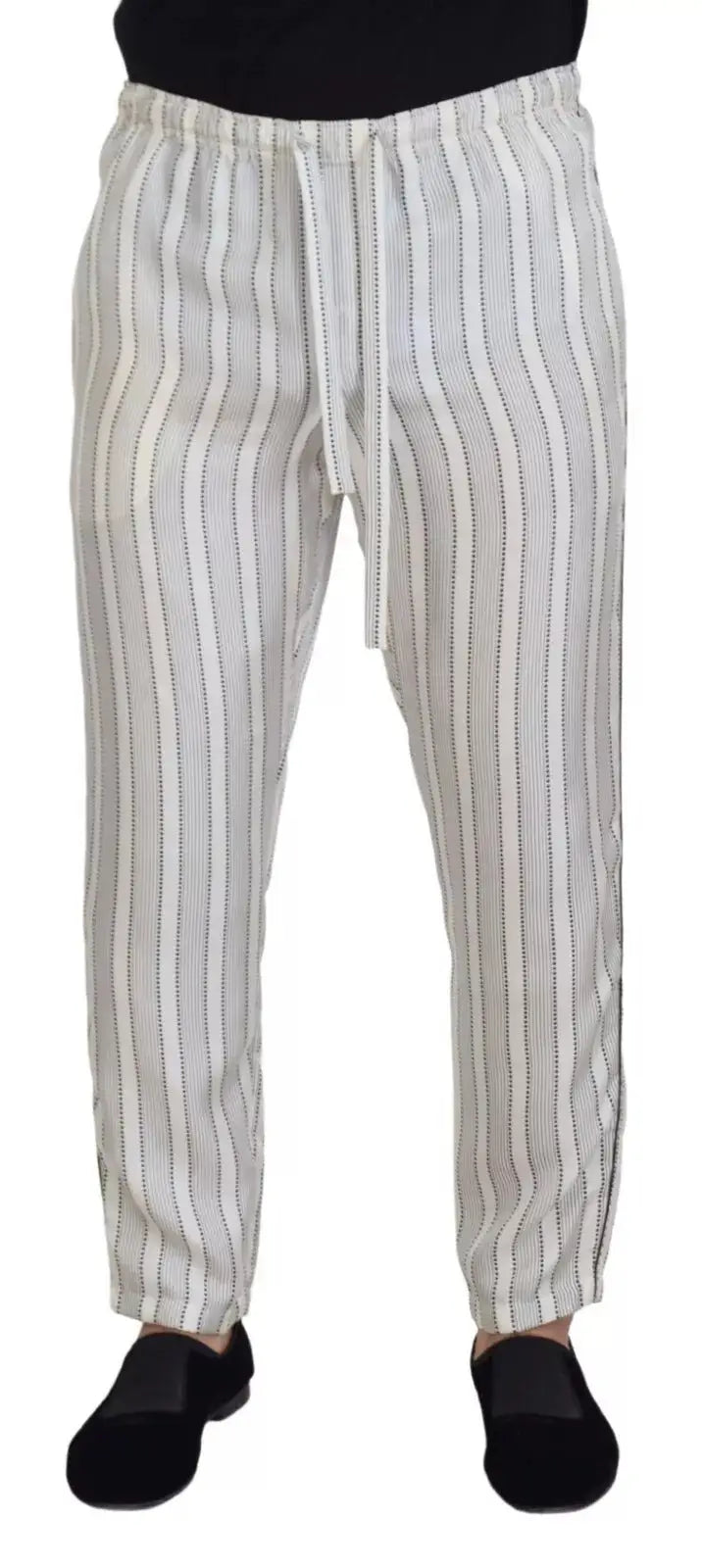 Pantalon de détente en soie blanc dolce & gabbana avec fines rayures verticales noires et taille élastique