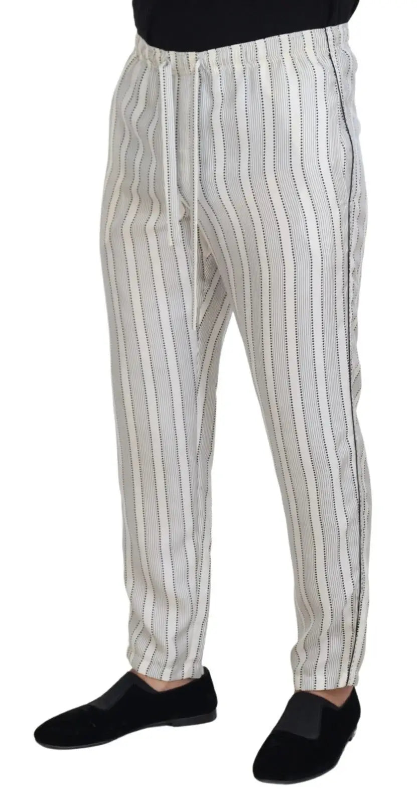 Pantalon de détente en soie blanc à rayures verticales noires dolce & gabbana avec taille à cordon