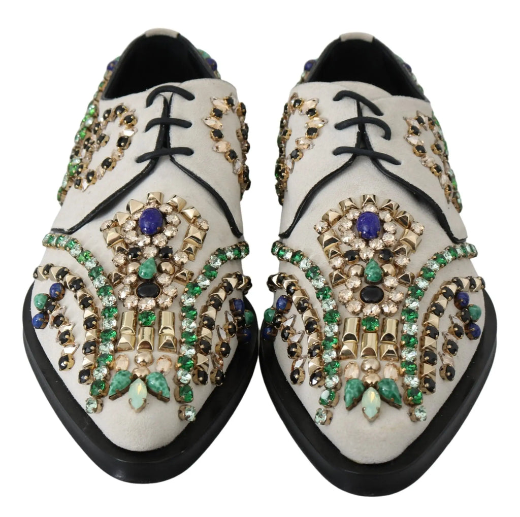 Dolce & gabbana chaussures brogues en daim blanc ornées de cristaux verts, bleus et dorés pour homme