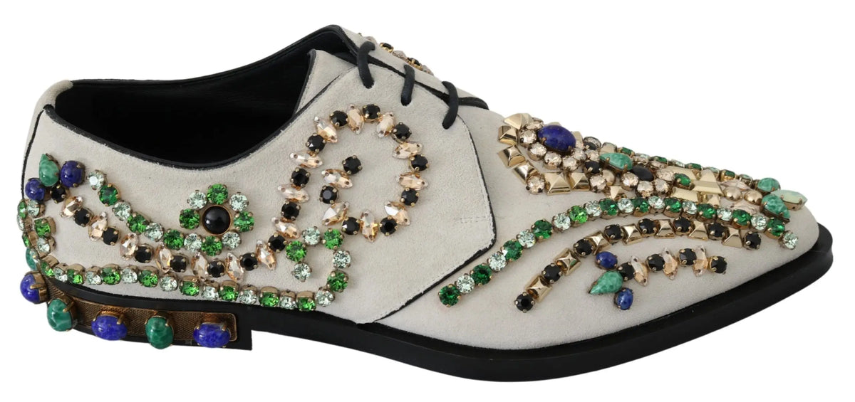 Dolce & gabbana chaussures brogue en daim blanc ornées de cristaux verts bleu et clairs sur le bout et le côté
