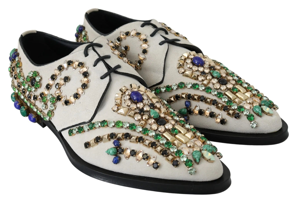 Chaussures oxford dolce & gabbana en daim blanc ornées de cristaux verts bleu et or avec motifs détaillés