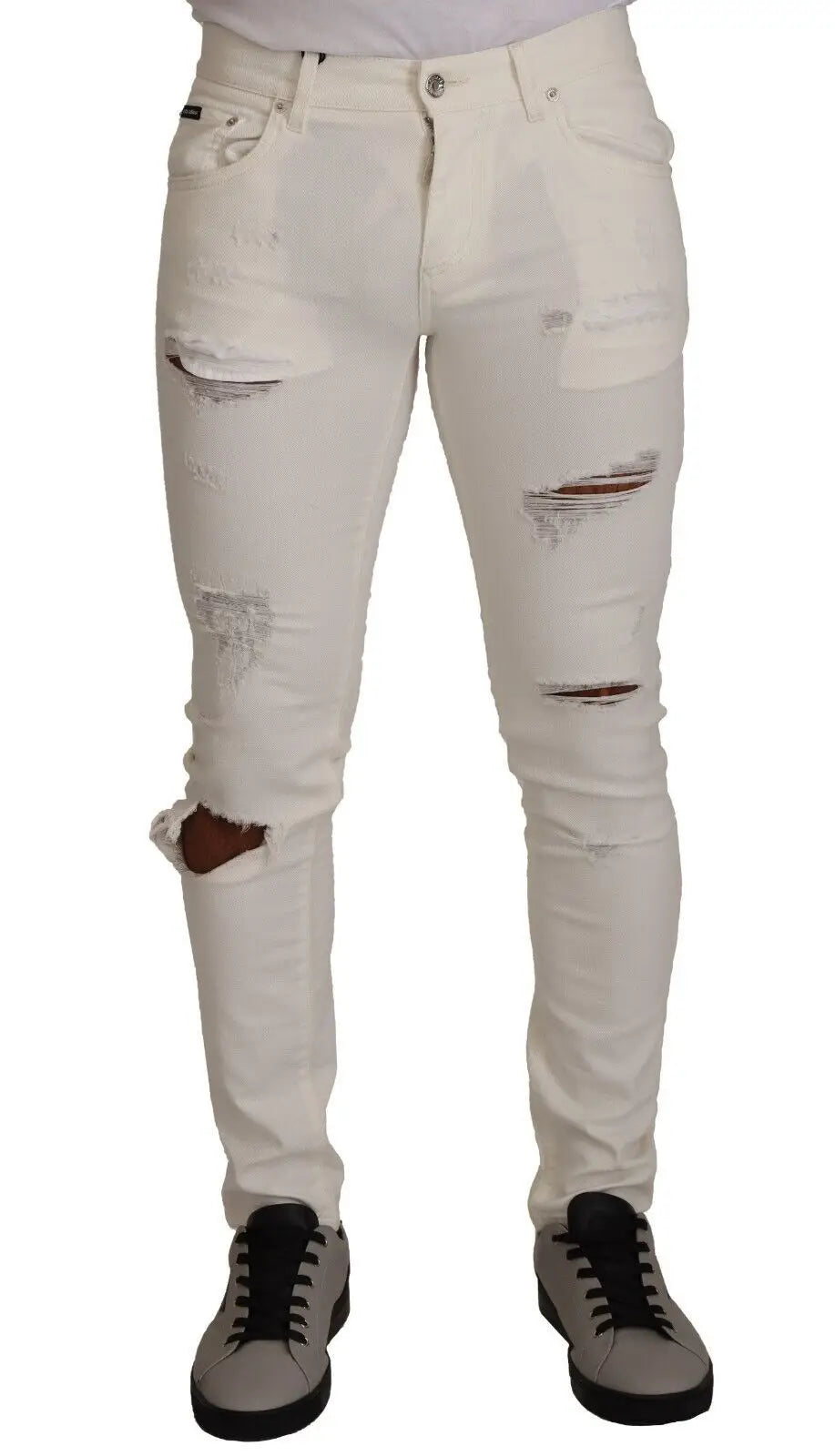 Jeans slim fit en denim blanc distressed avec genoux déchirés en coton dolce & gabbana homme