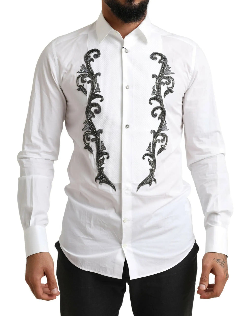 Chemise de luxe blanche dolce gabbana pour homme avec broderie florale noire détaillée sur le devant
