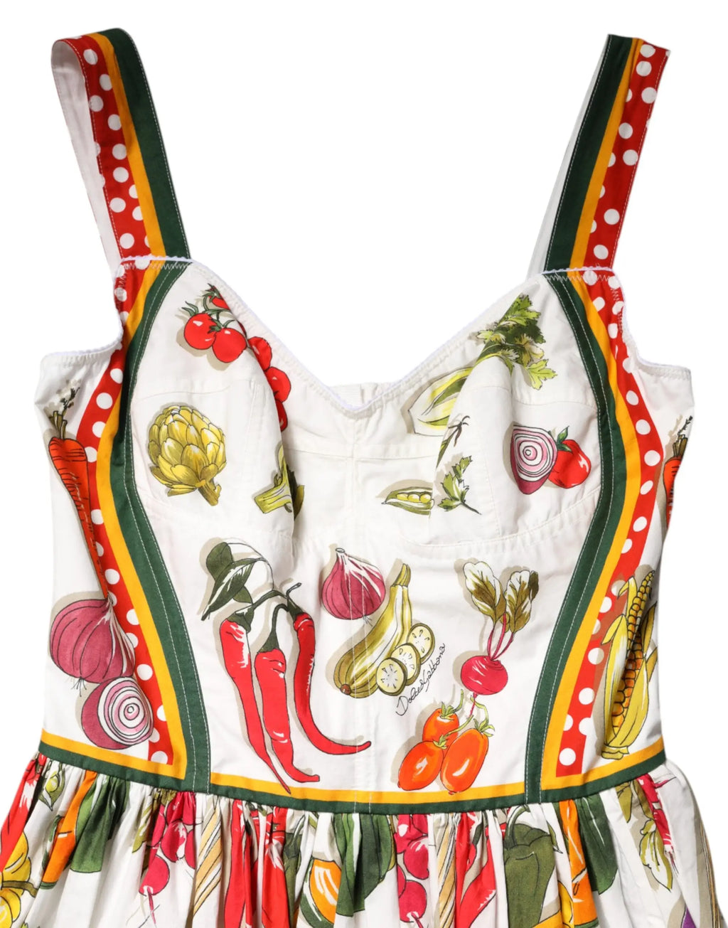 Robe blanche dolce gabbana sans manches à imprimé légumes et fruits avec bordure rouge jaune et vert