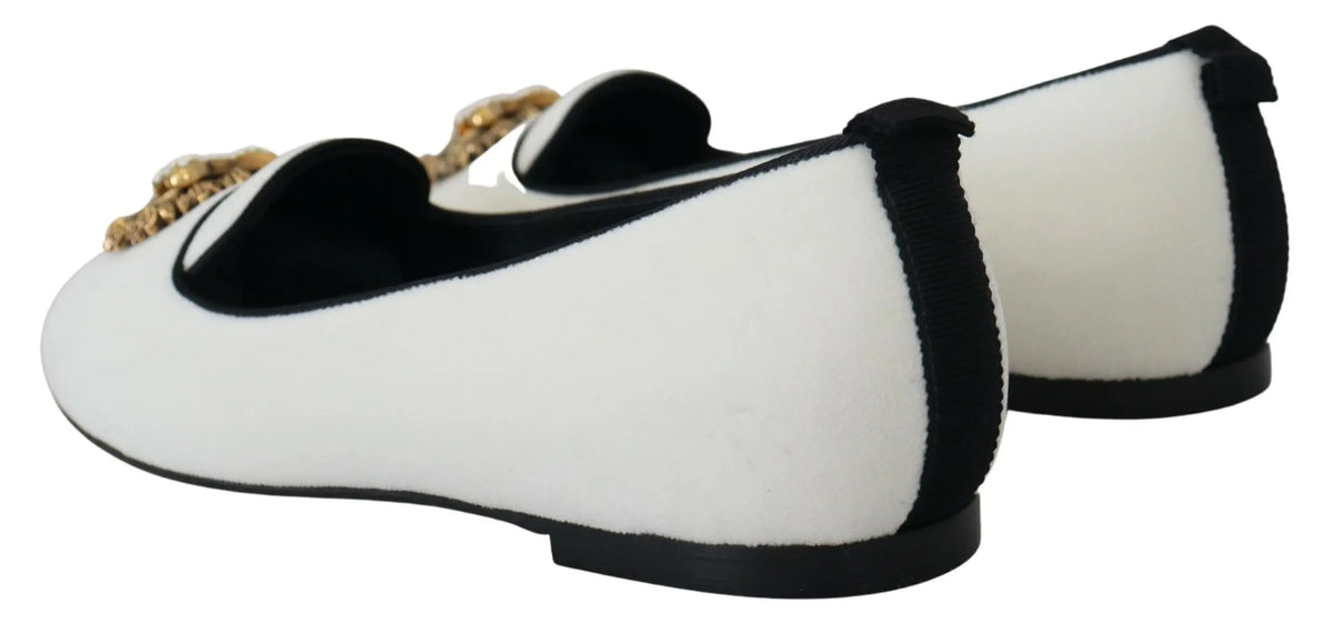 Dolce & gabbana white and black velvet loafers with gold-tone medusa head embellishments flats shoes