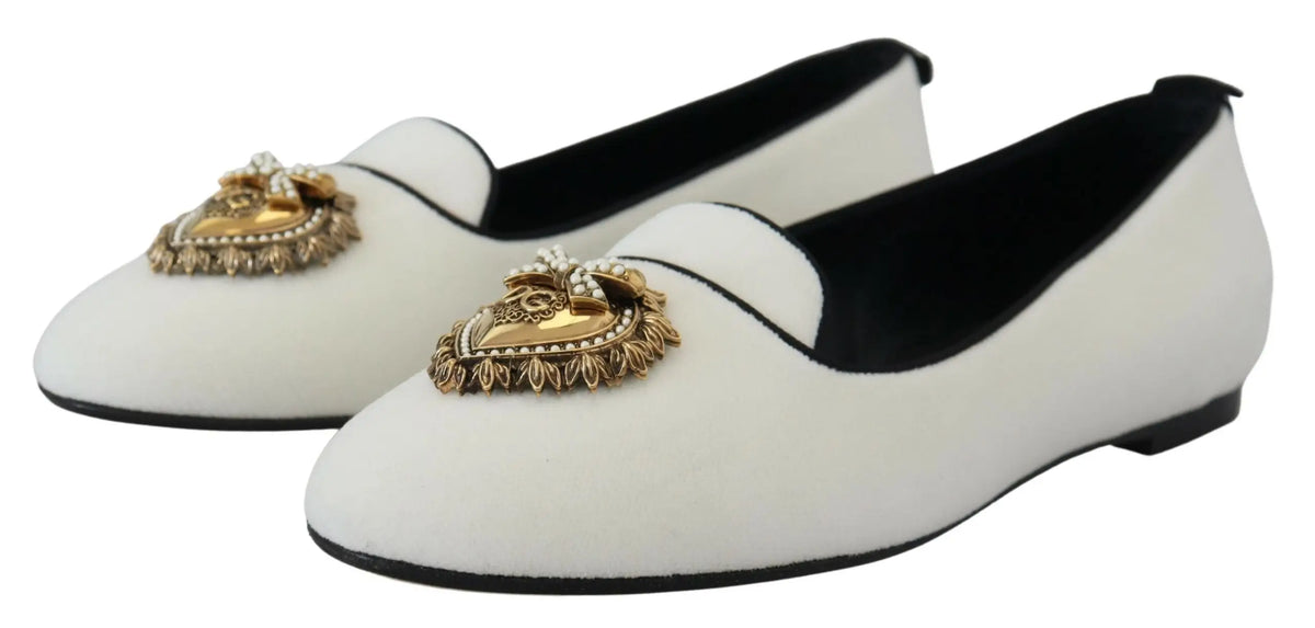 Dolce & gabbana white velvet loafers with gold heart embellishments slip on flats shoes