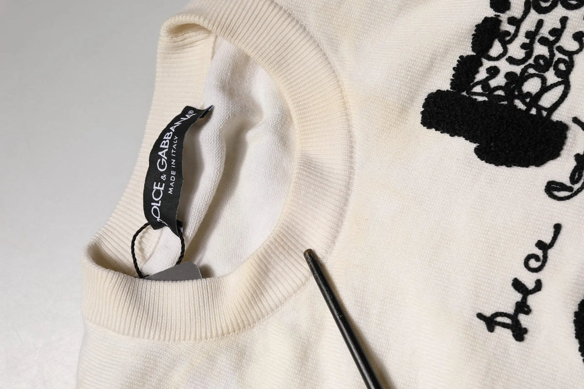 Pull dolce & gabbana blanc en laine vierge avec logo graphique brodé noir off-white