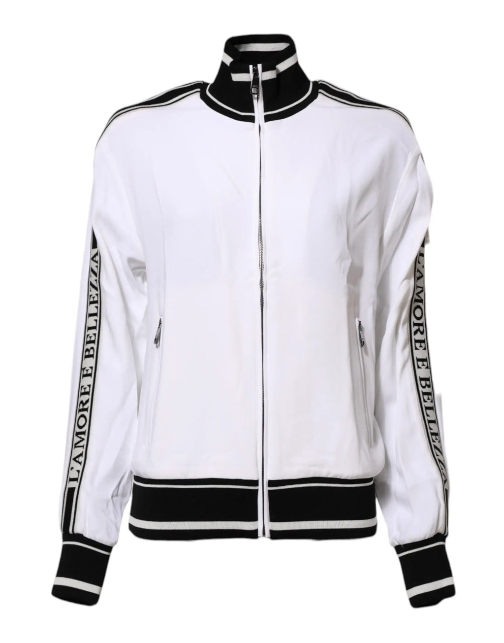 Dolce & gabbana white viscose full zip jacket with black trim and l amèore e bellezza lettering on sleeves