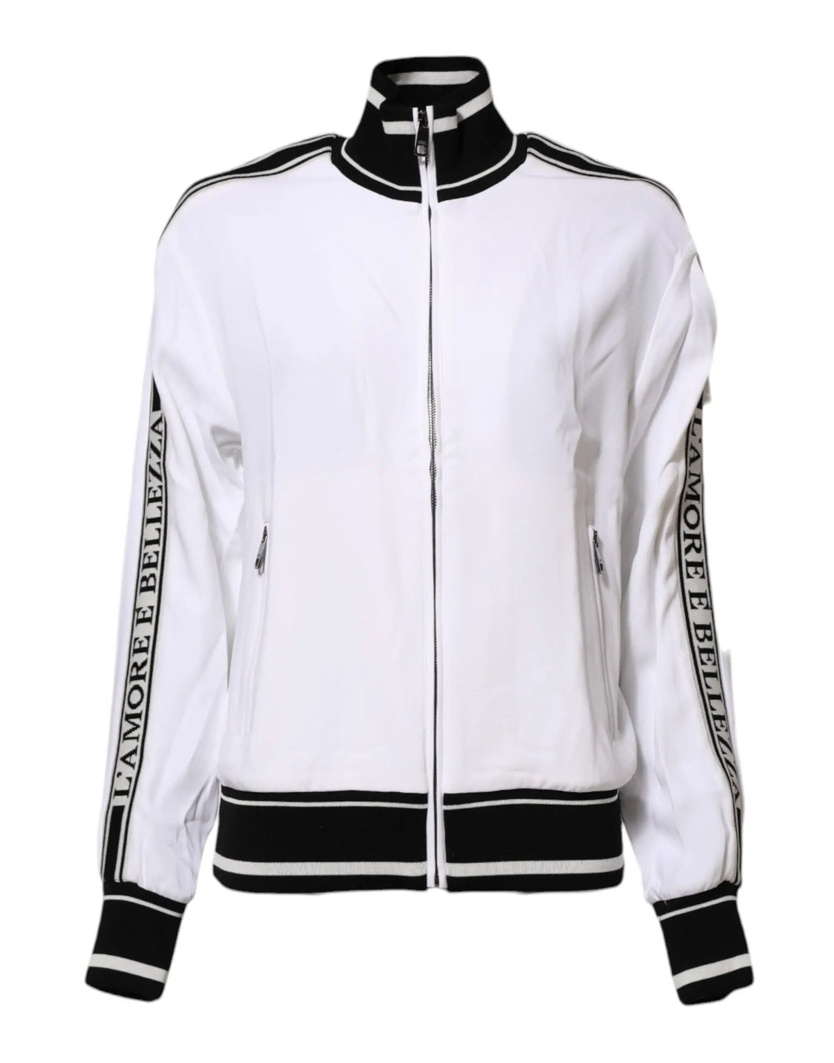 Dolce & gabbana white viscose full zip jacket with black trim and l amèore e bellezza lettering on sleeves