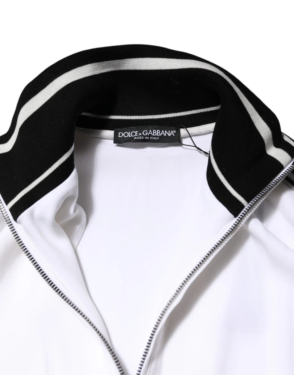 Veste zippée blanche dolce & gabbana en viscose avec col côtelé noir et bandes blanches pour femme
