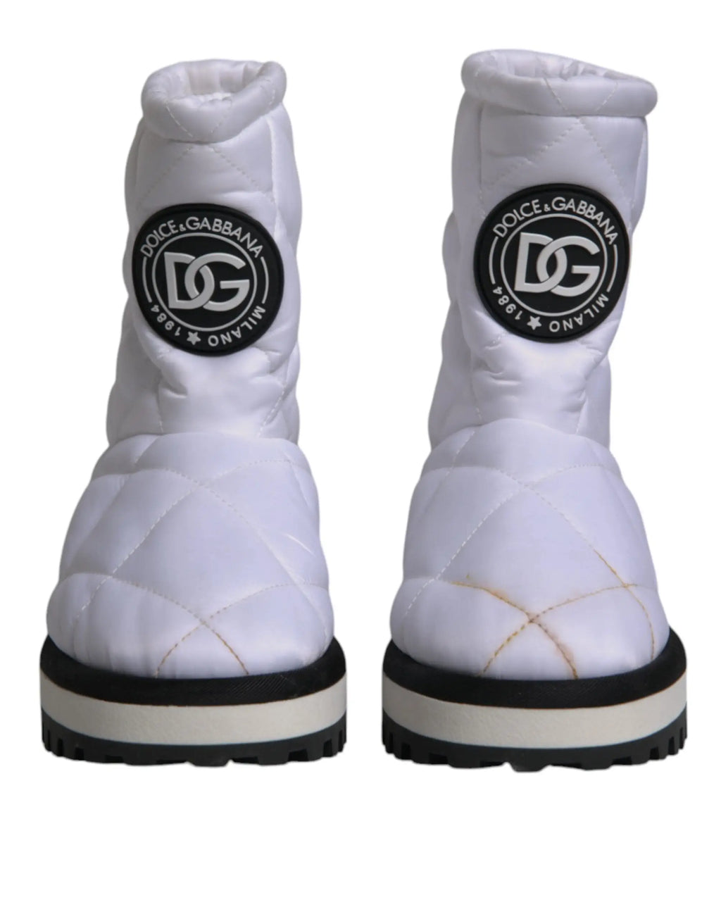 Bottes mi-mollet blanches matelassées en viscose dolce et gabbana avec semelles noires et logos de marque