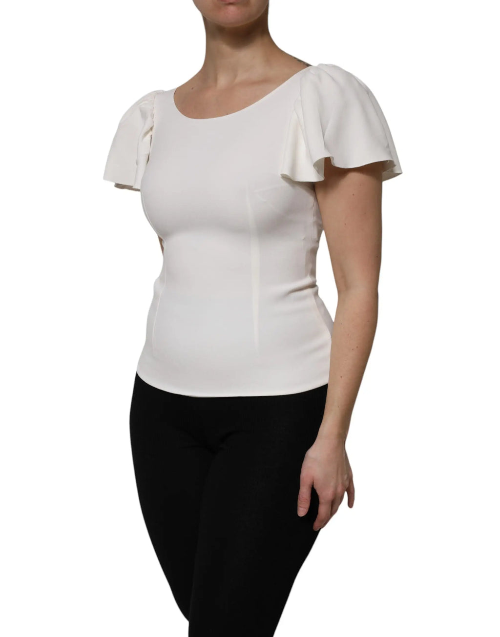 Top dolce & gabbana blanc en viscose avec manches courtes à volants et silhouette cintrée col rond