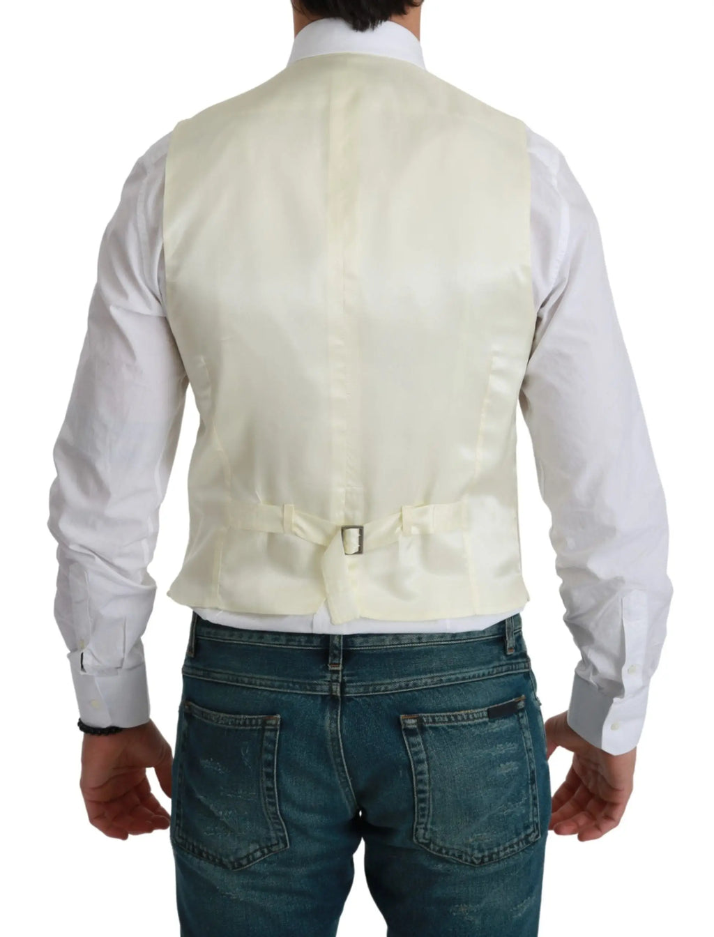 Dos du gilet dolce & gabbana en laine blanc avec satin crème et boucle argentée unique