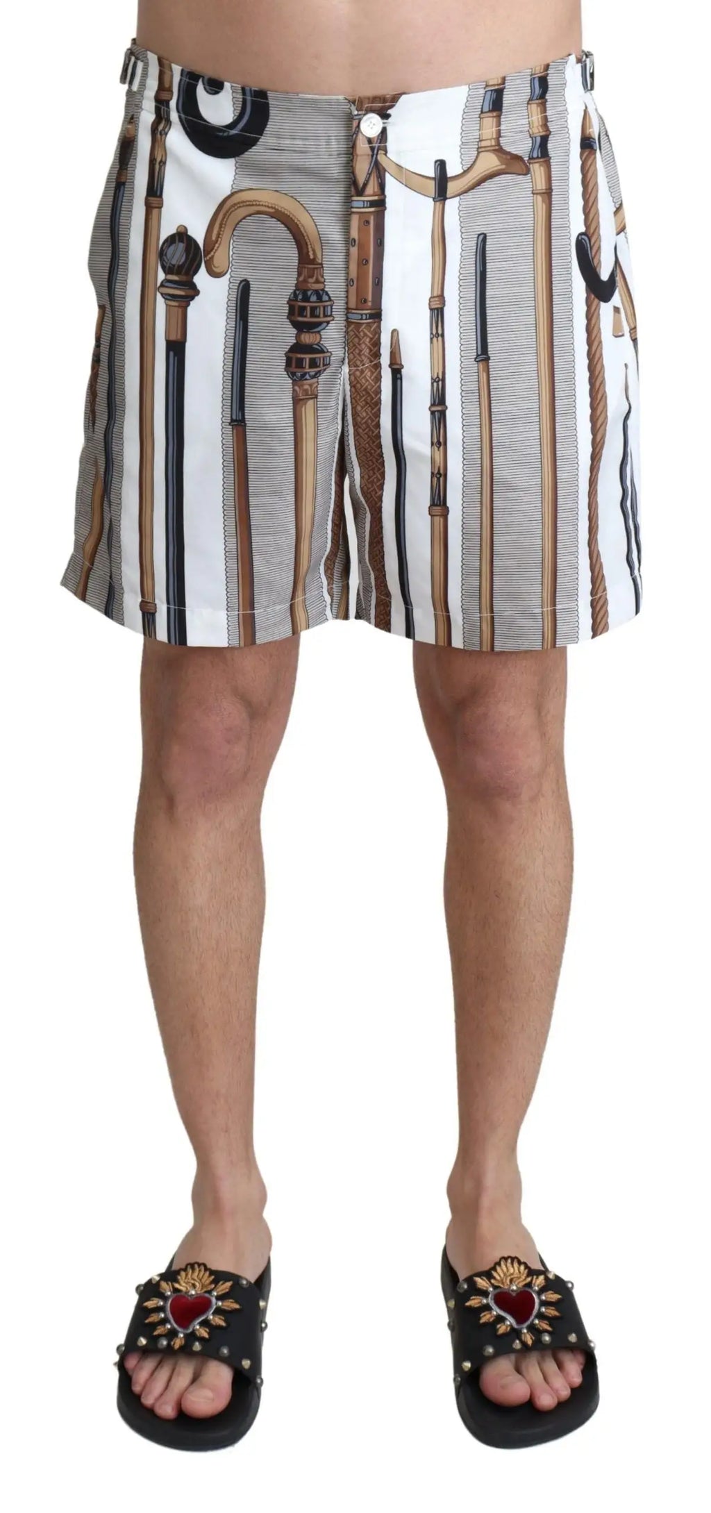 Shorts dolce & gabbana blancs rayés gris imprimé vintage de cannes à marche en bois noir et détails métalliques
