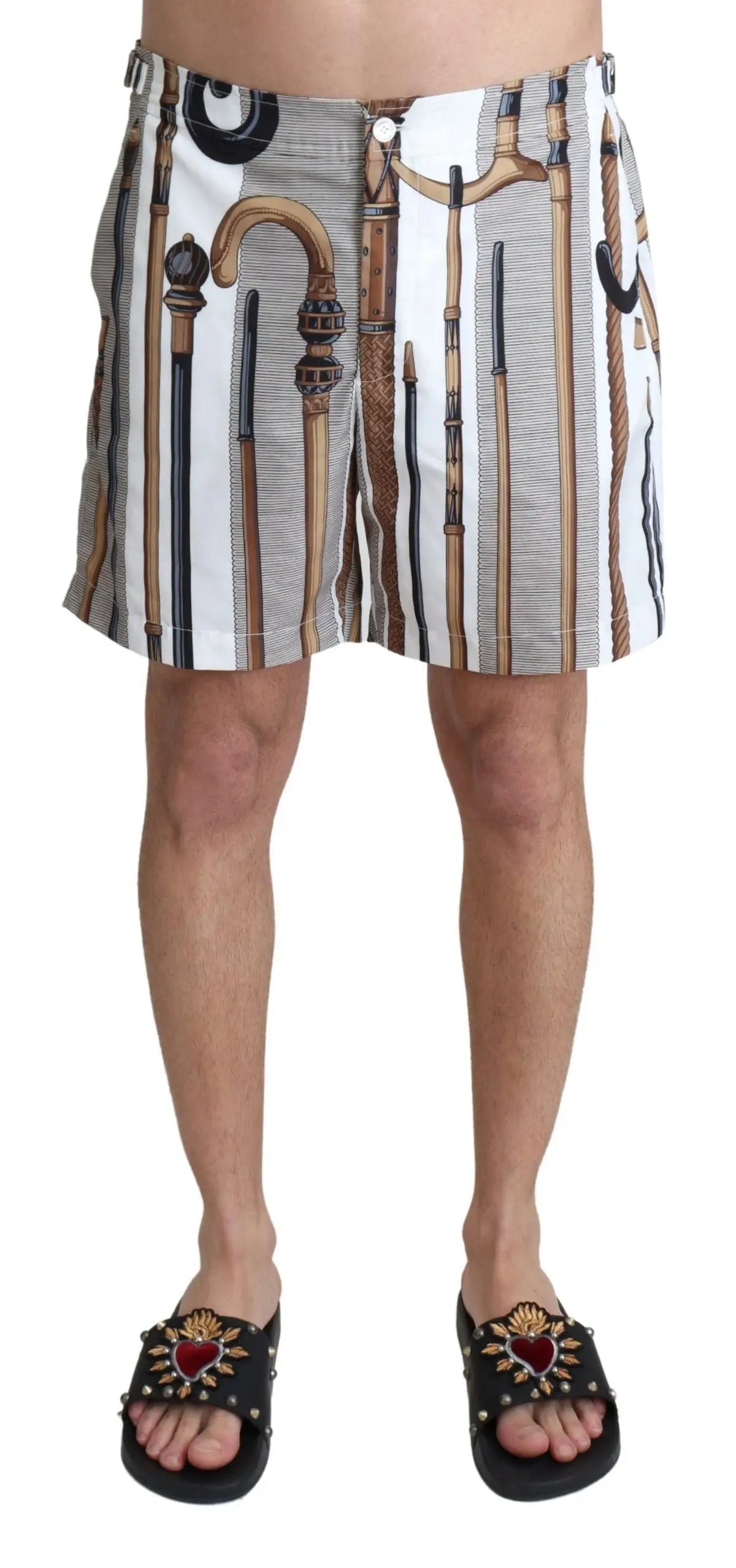 Shorts dolce & gabbana blancs rayés gris imprimé vintage de cannes à marche en bois noir et détails métalliques