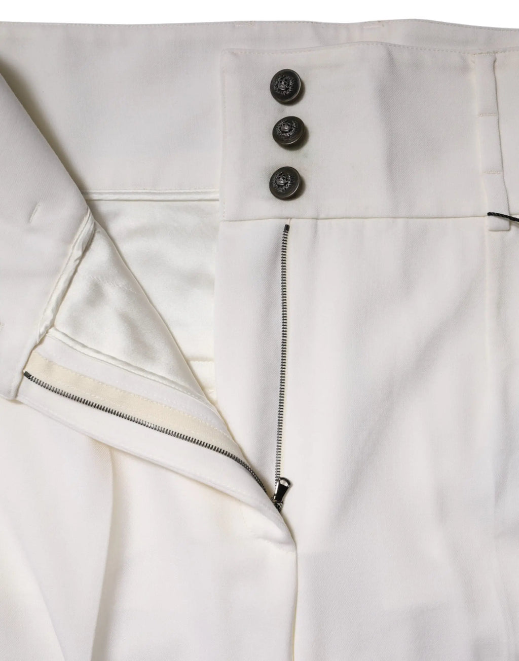 Pantalon dolce & gabbana blanc en laine taille haute avec coupe fuselée et trois boutons ornés foncés sur le devant