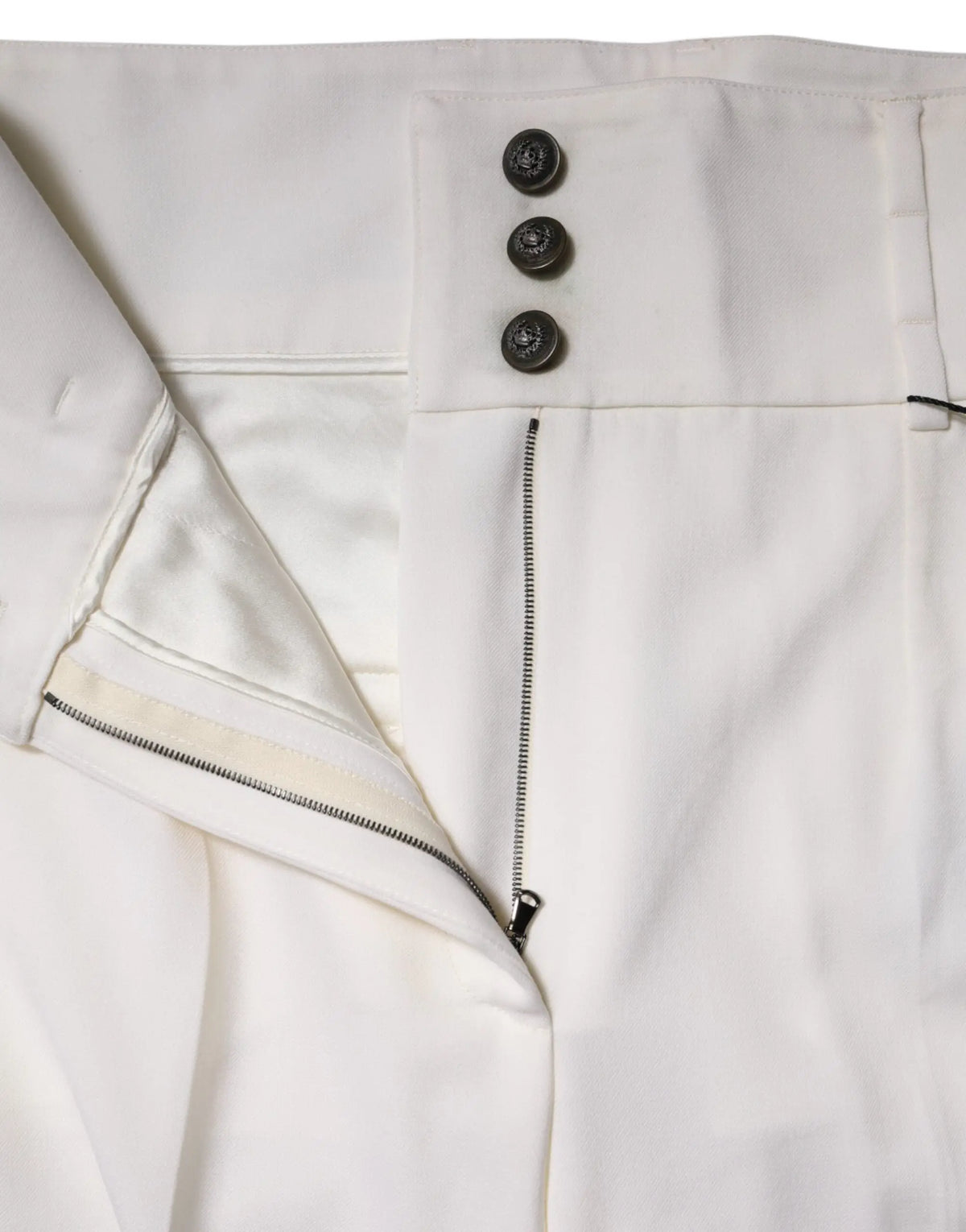 Pantalon dolce & gabbana blanc en laine taille haute avec coupe fuselée et trois boutons ornés foncés sur le devant