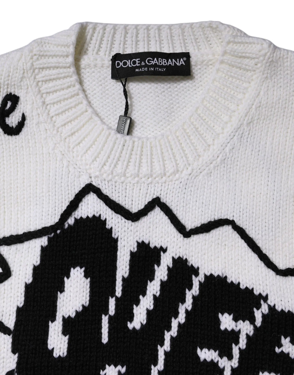Dolce gabbana pull en laine blanc à col rond avec motif montagne noir et étiquette dolce gabbana