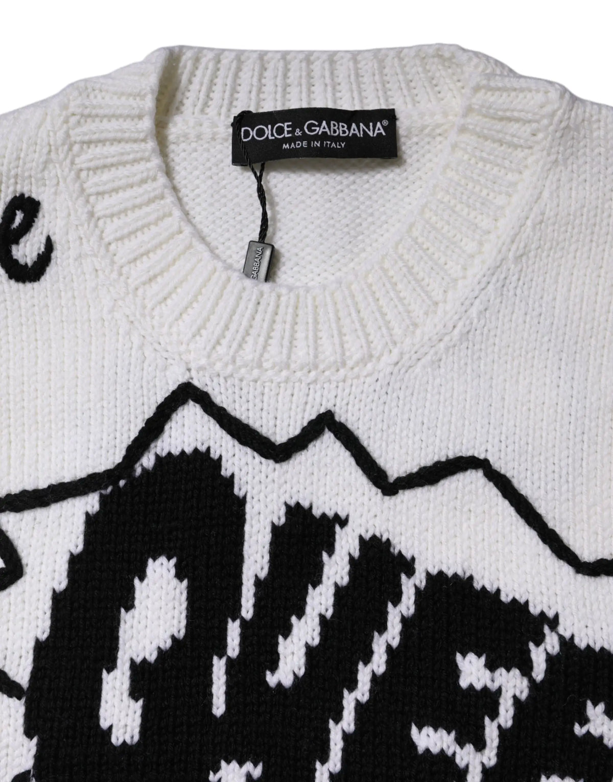 Dolce gabbana pull en laine blanc à col rond avec motif montagne noir et étiquette dolce gabbana