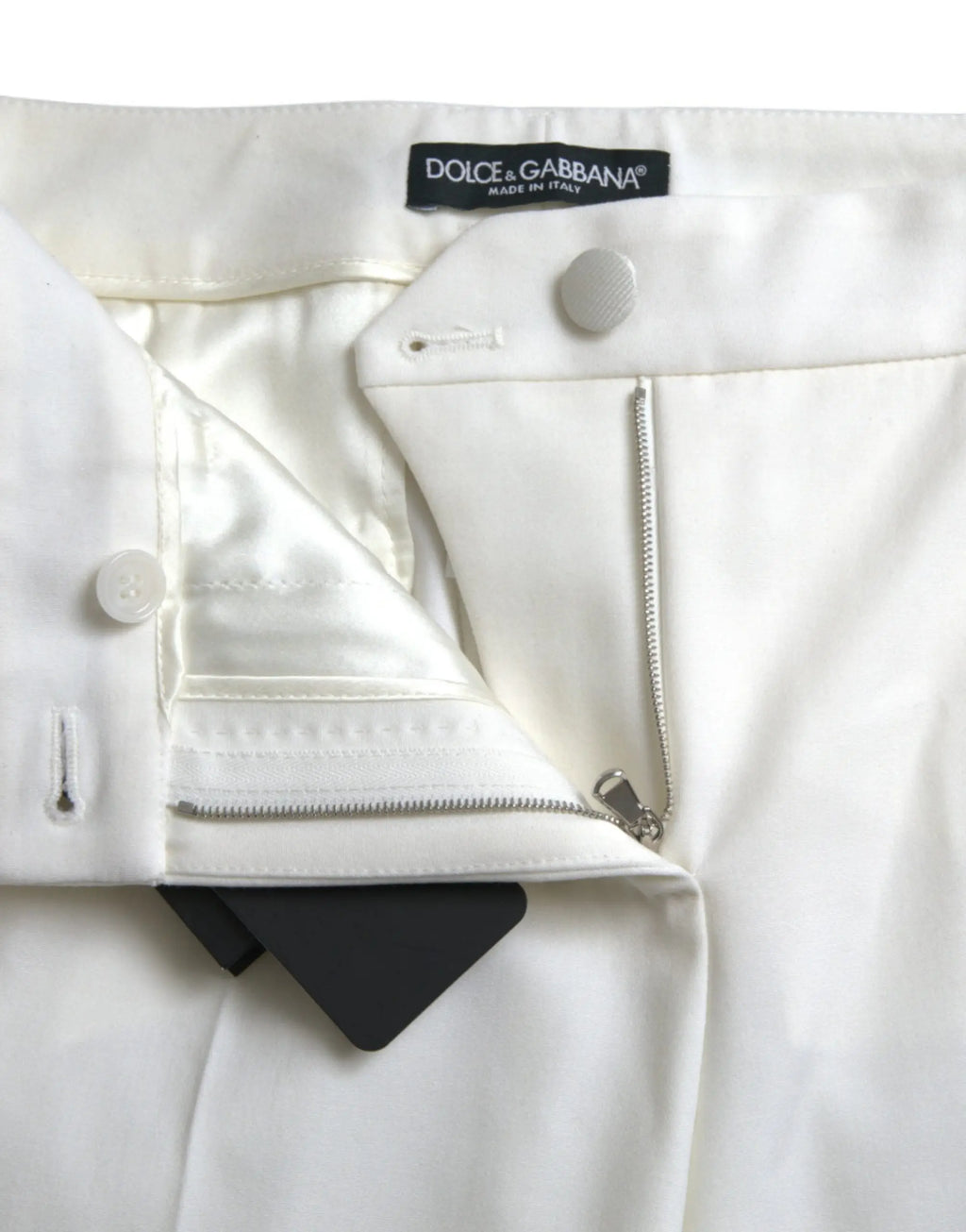 Pantalon blanc dolce & gabbana en laine à taille moyenne cintrée avec finition satinée et détails argentés