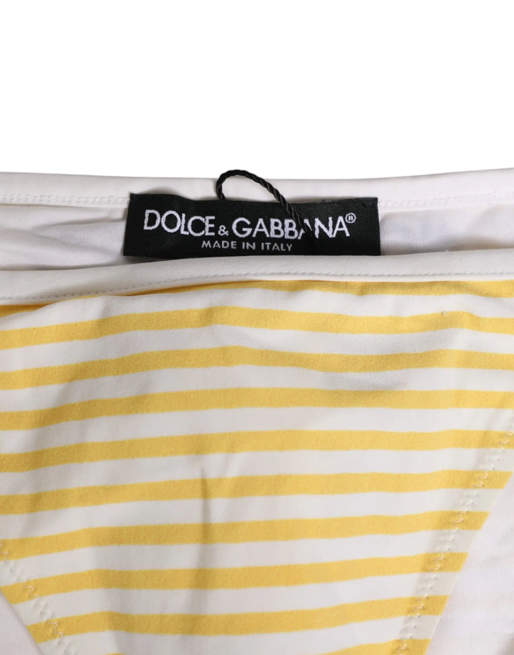 Culotte de bikini dolce gabbana blanche et jaune à rayures avec étiquette noire made in italy vue arrière
