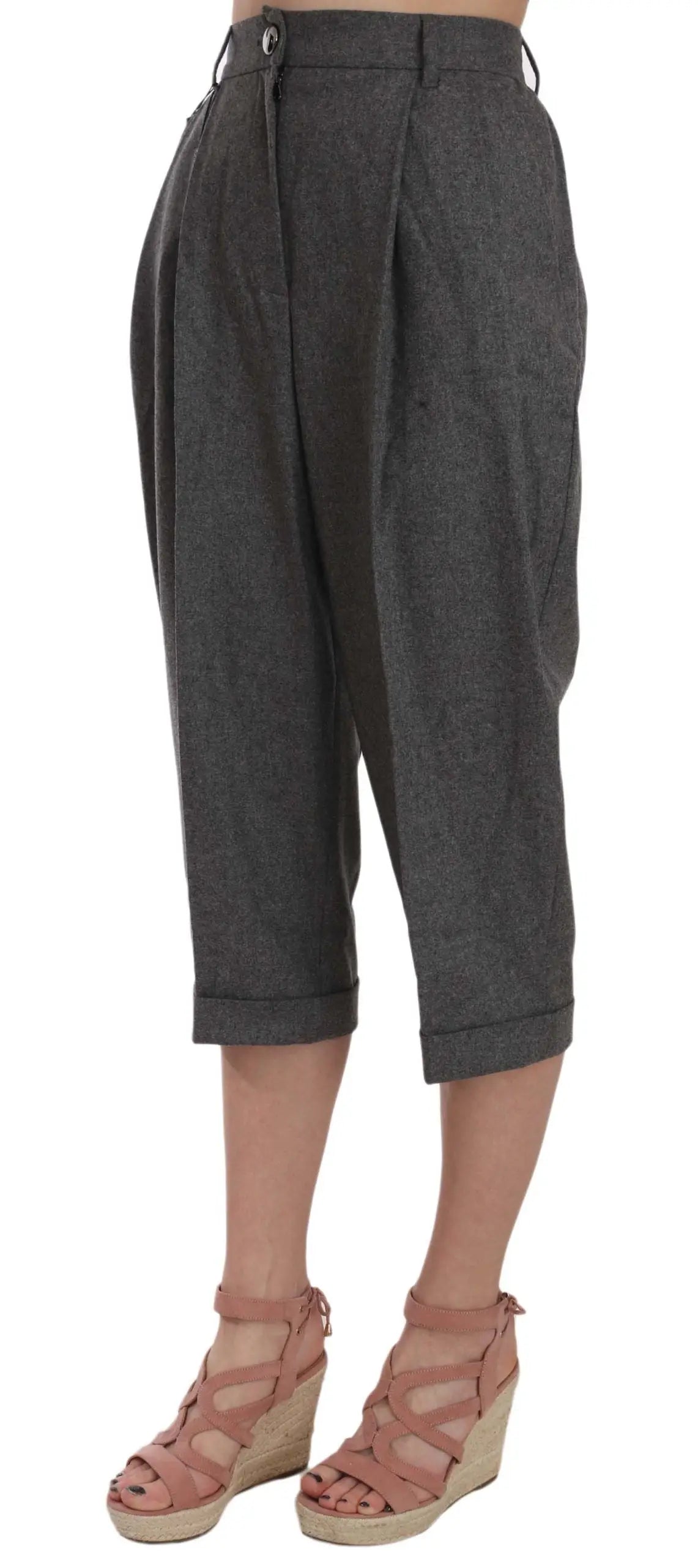 Pantalon court plissé en laine dolce & gabbana gris foncé avec motif subtil et revers roulés