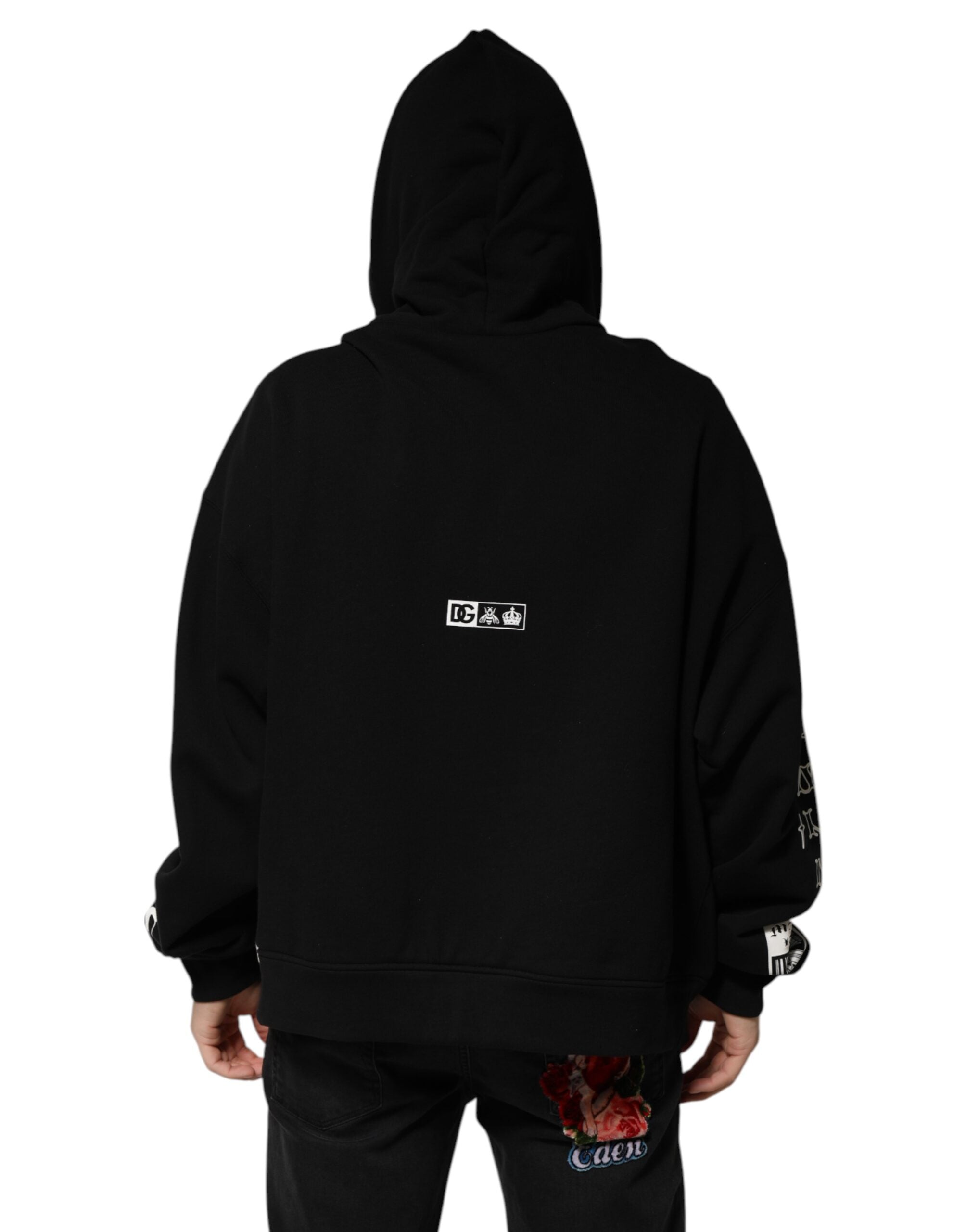 Sweat à capuche en coton noir Dolce & Gabbana avec logo DG Milano imprimé, mode décontractée et élégante.