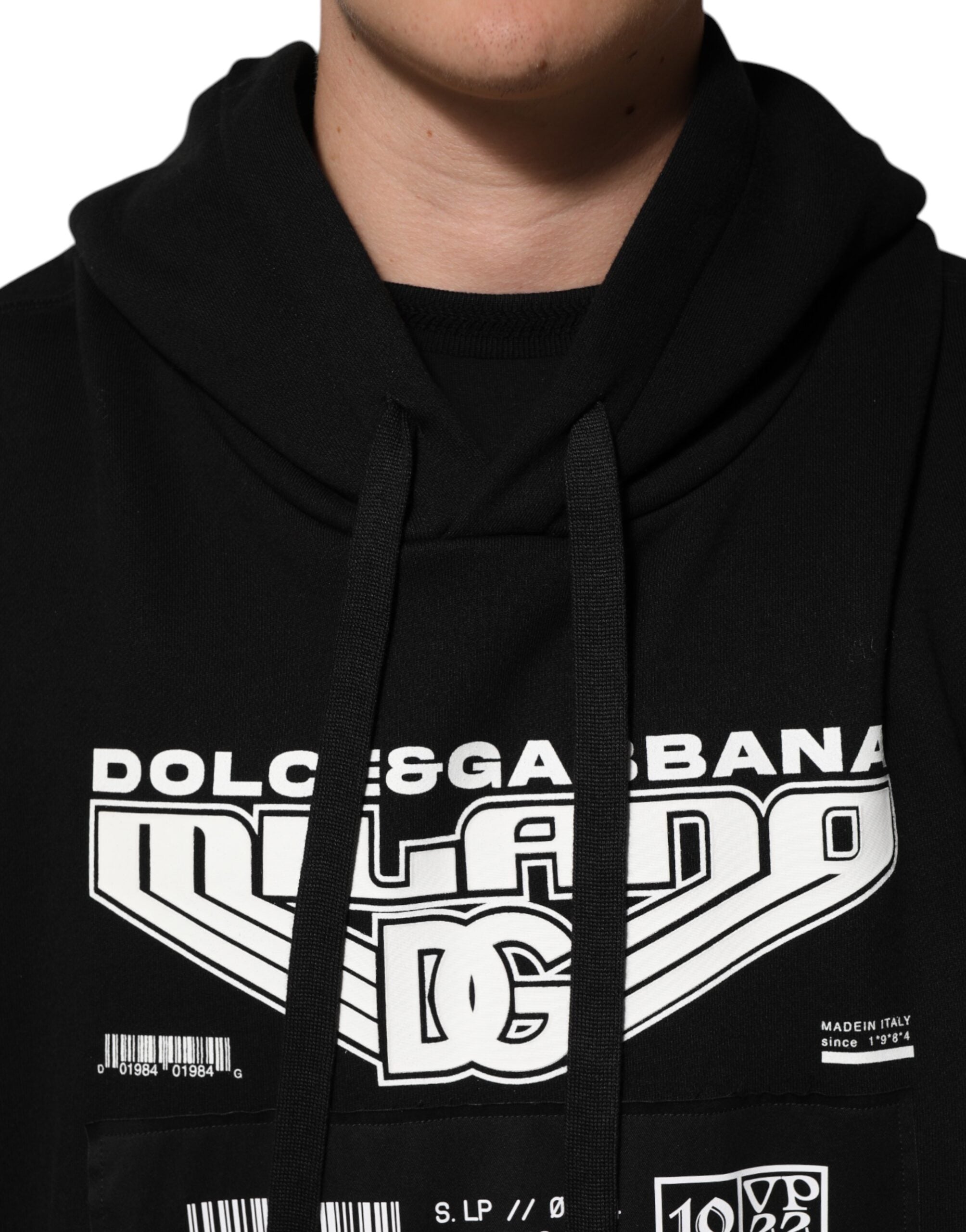 Sweat à capuche noir Dolce & Gabbana en coton avec logo DG Milano imprimé, style décontracté et tendance.