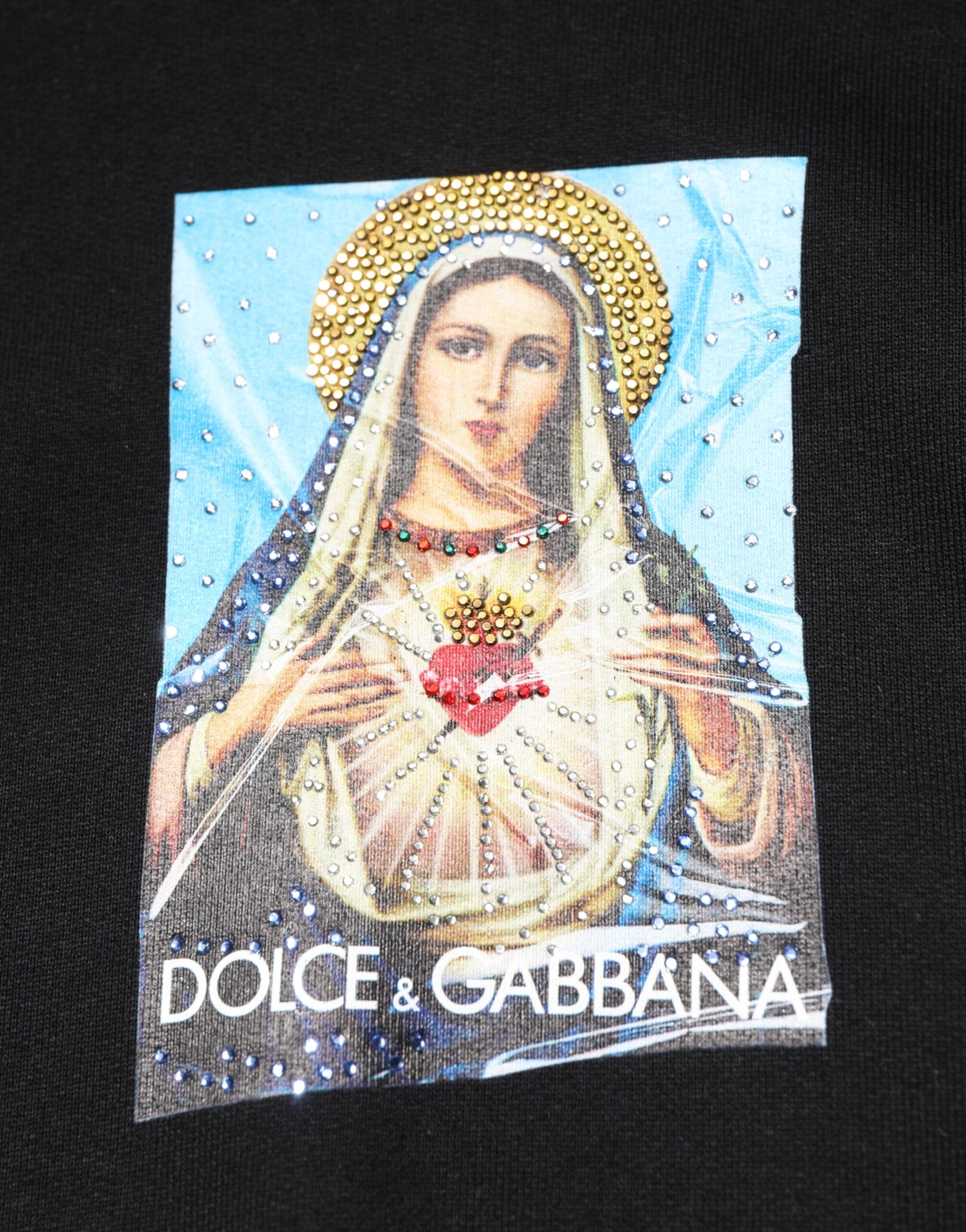 Sweat à capuche noir Dolce & Gabbana avec imprimé, embellissements en cristal et style décontracté.