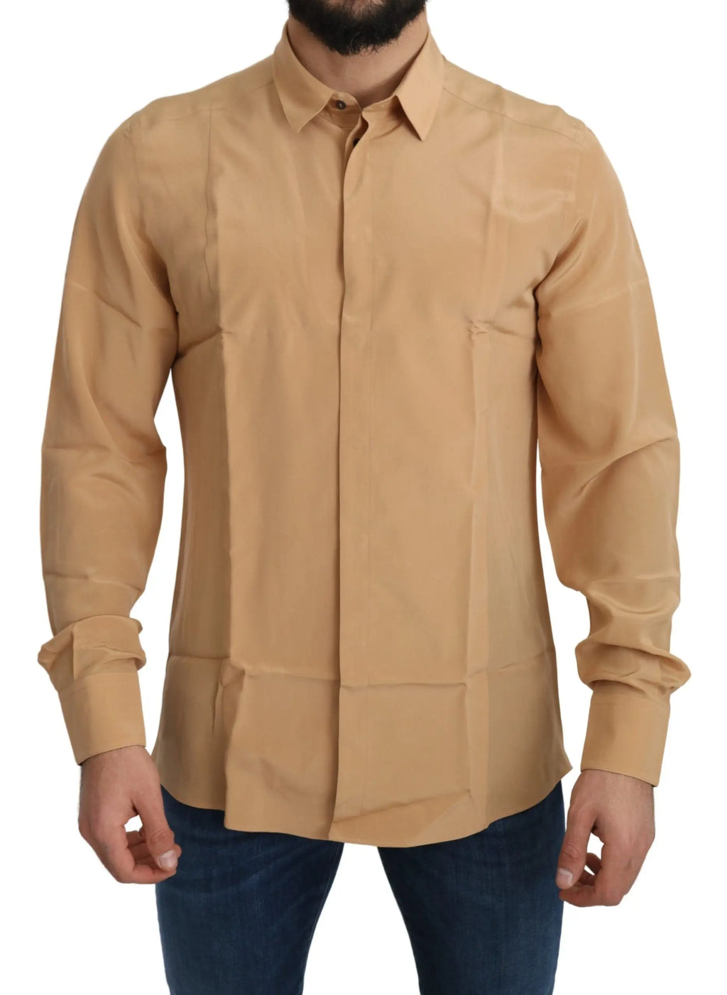 Chemise slim beige à manches longues dolce & gabbana en 100 pour cent soie jaune avec col classique et plis subtils