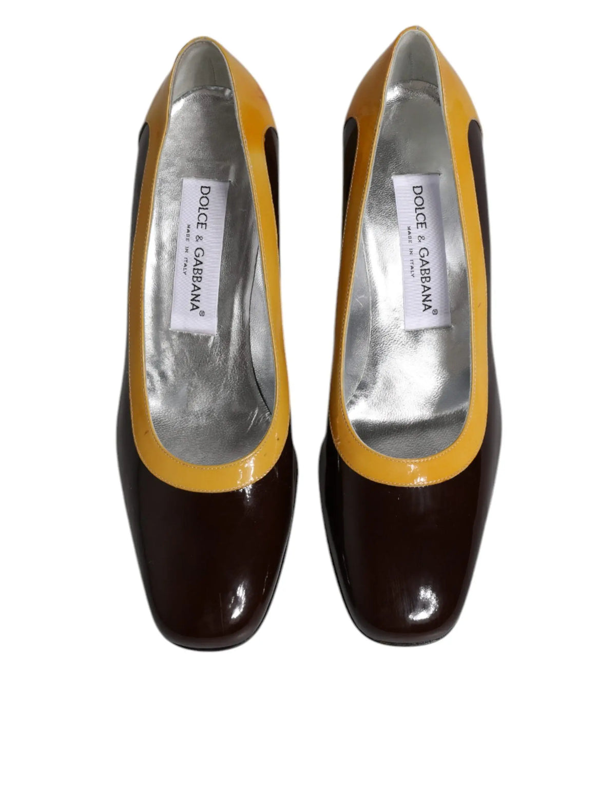 Dolce & gabbana yellow brown patent leather block heel pumps with glossy two-tone design for women
