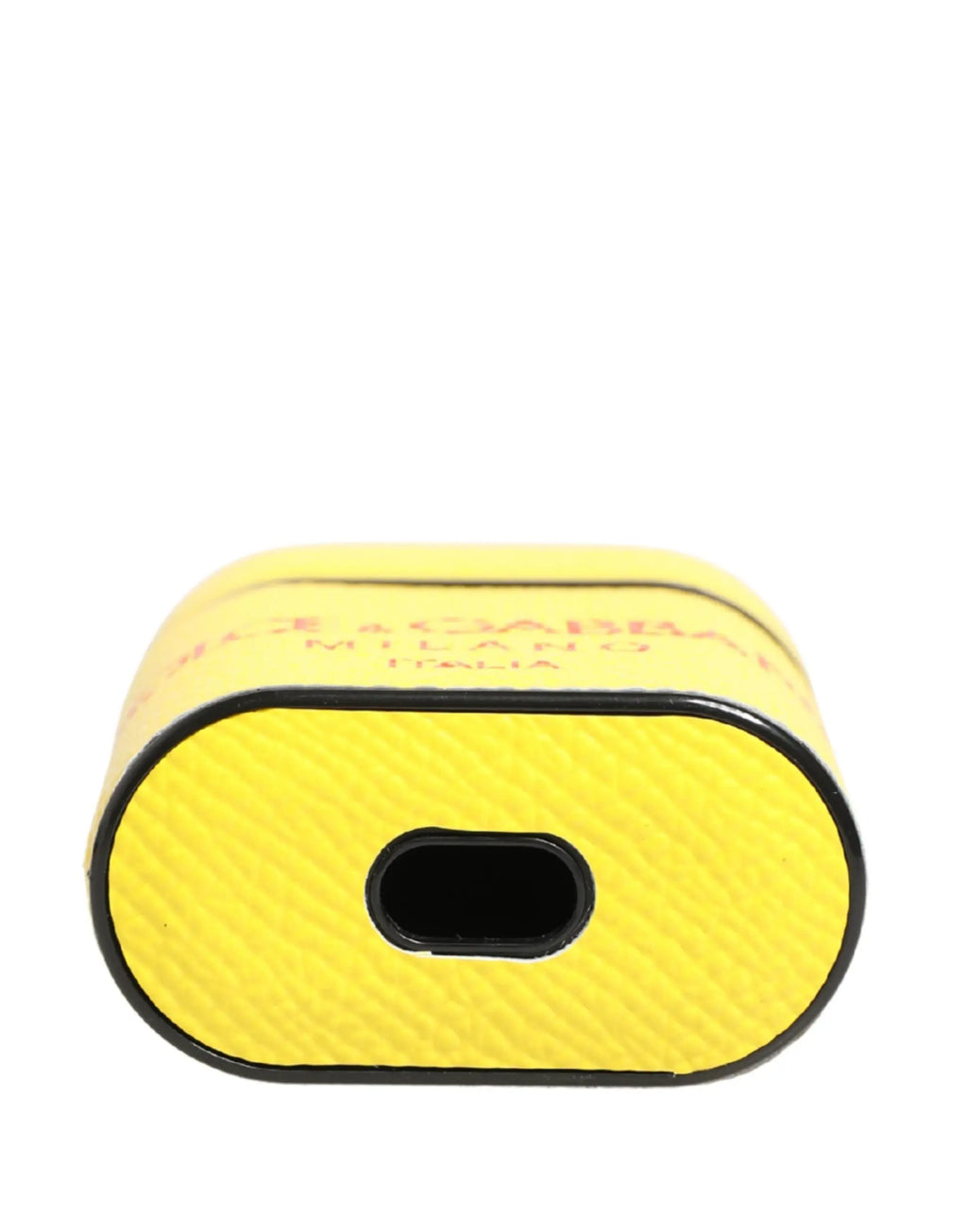 Étui airpods flip strap dolce & gabbana en cuir de veau jaune vif avec bordure noire et logo embossé